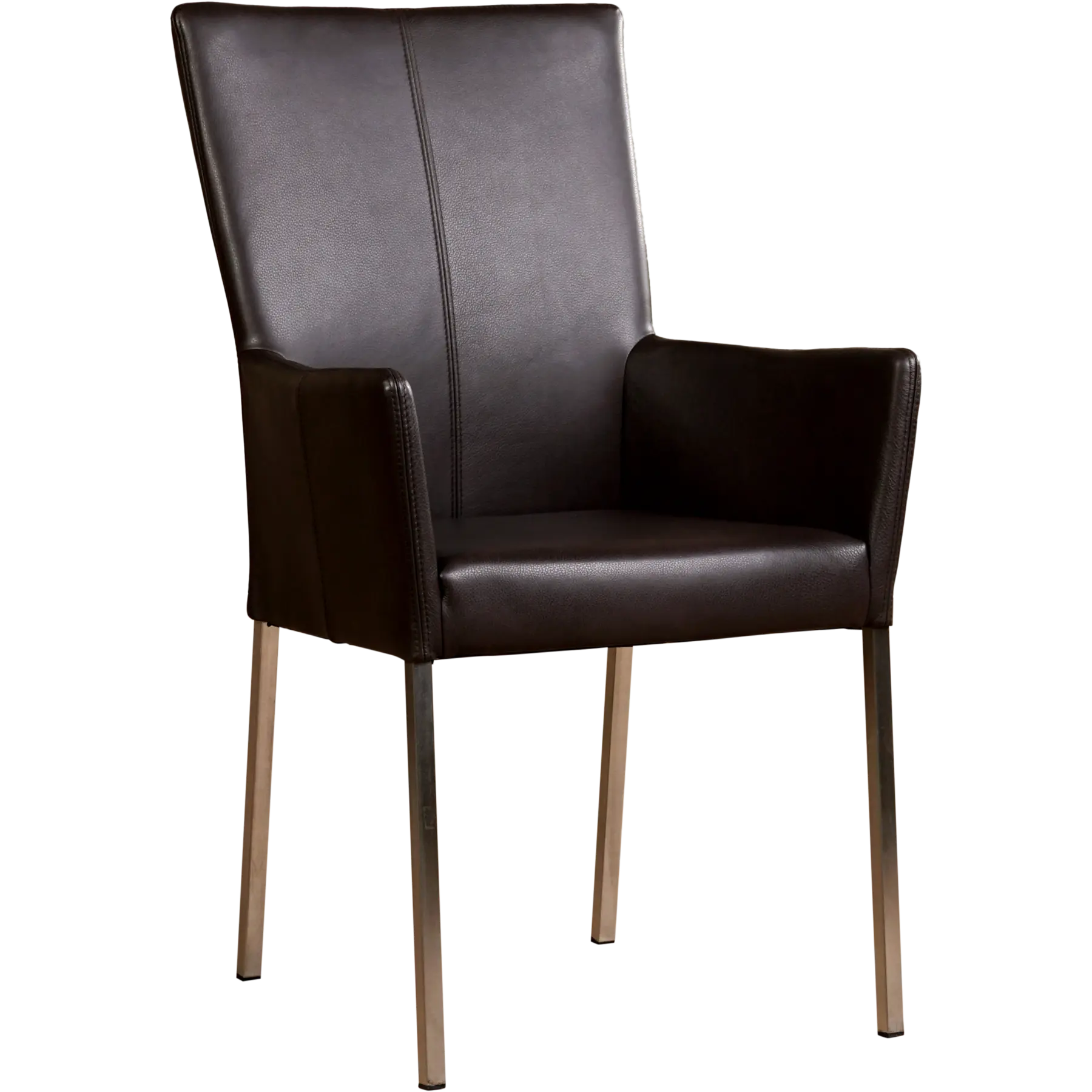 afbeelding van Set van 8 Leren eetkamerstoelen Daily met armleuning - Granada Ebony (donkerbruin) - Poten staal vierkant RVS