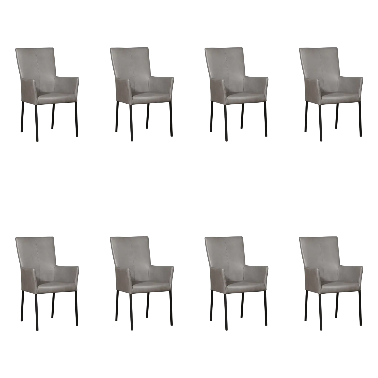 afbeelding van Set van 8 Leren eetkamerstoelen Daily met armleuning - Granada Steel (grijs) - Poten staal vierkant zwart