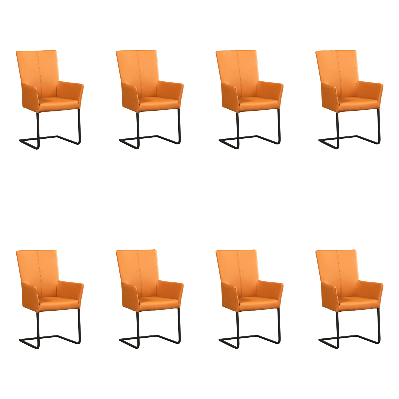 afbeelding van Set van 8 Leren eetkamerstoelen Dare met armleuning - Toledo Sabbia (lichtcognac) - Sledepoot staal vierkant zwart