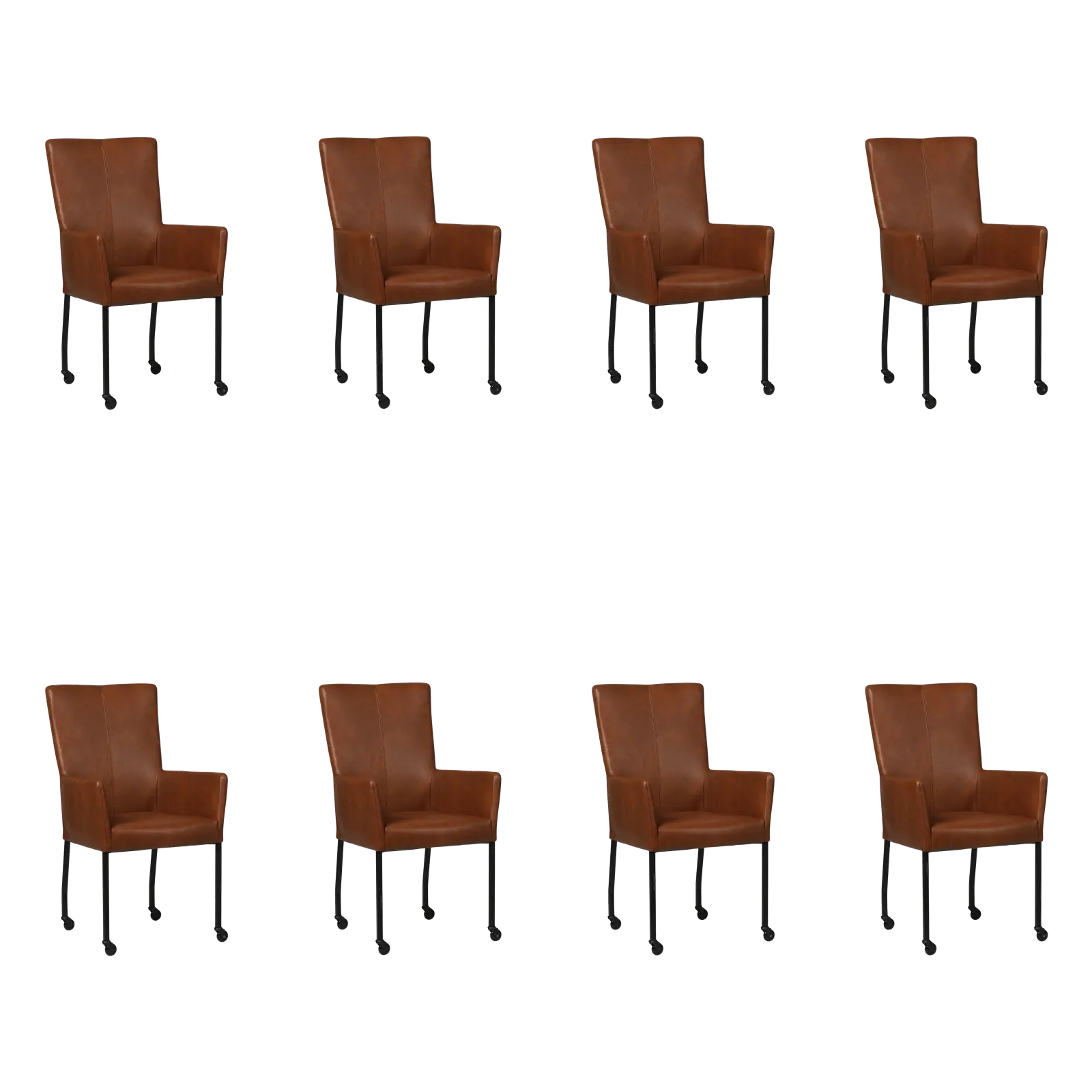 afbeelding van Set van 8 Leren eetkamerstoelen Deal met armleuning - Granada Savannah (cognac) - Poten staal vierkant zwart