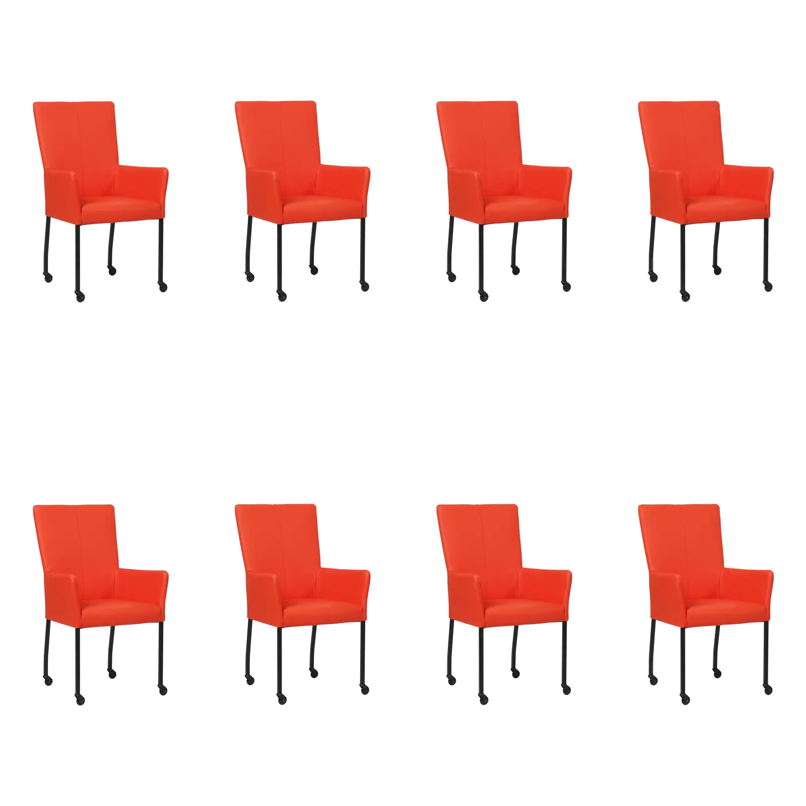afbeelding van Set van 8 Leren eetkamerstoelen Deal met armleuning - Hermes Lipstick (felrood) - Poten staal vierkant zwart