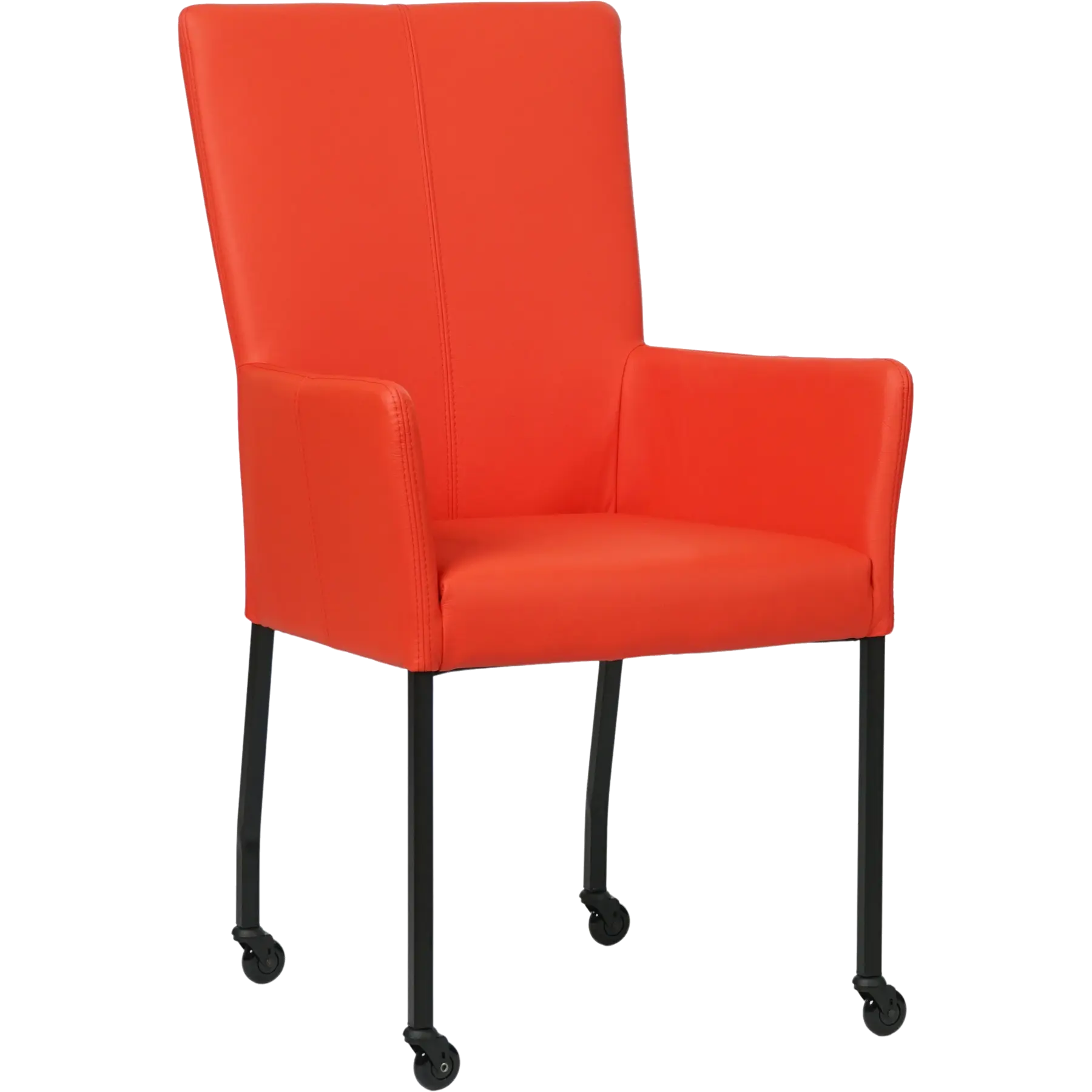 afbeelding van Set van 8 Leren eetkamerstoelen Deal met armleuning - Hermes Lipstick (felrood) - Poten staal vierkant zwart