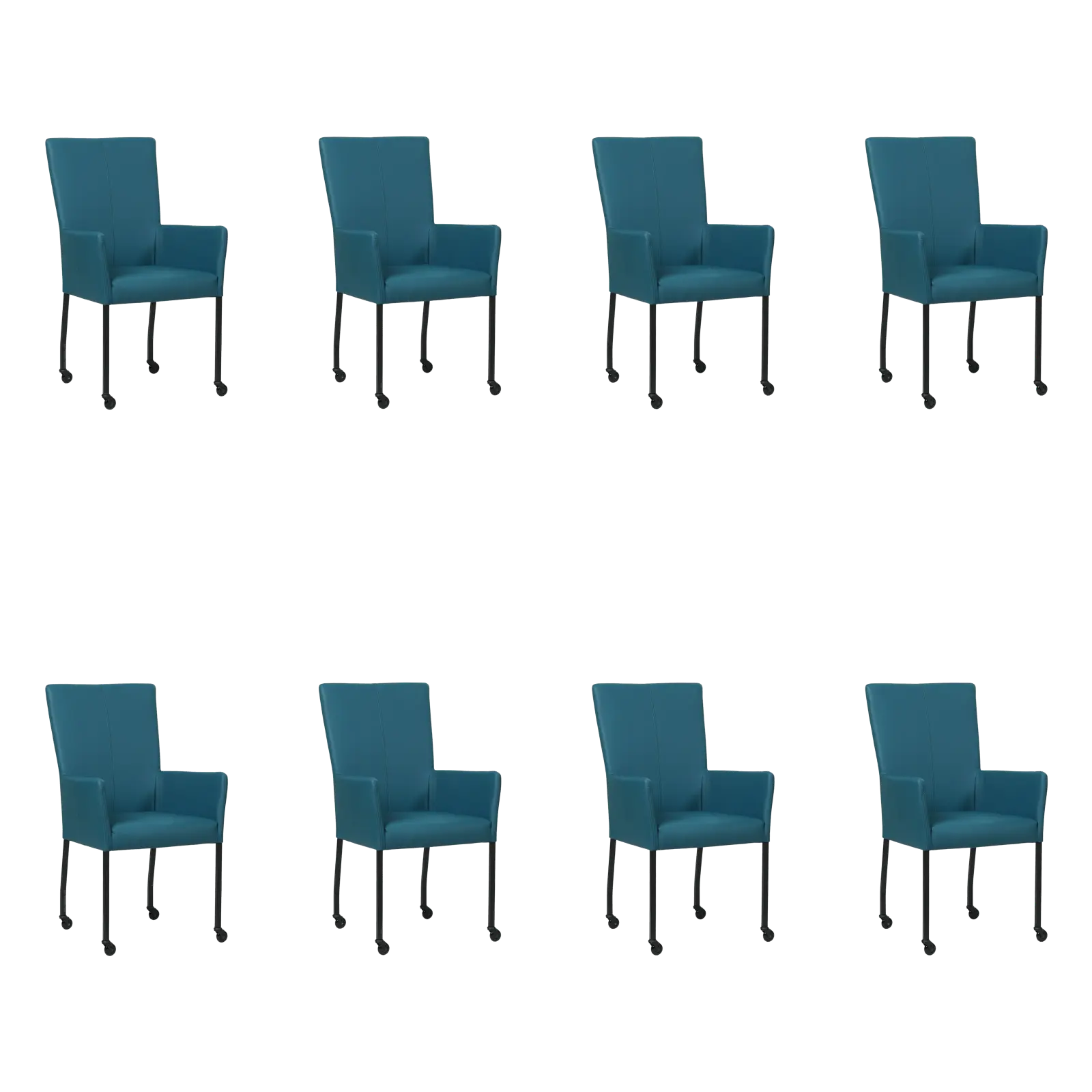 afbeelding van Set van 8 Leren eetkamerstoelen Deal met armleuning - Hermes Turquoise (blauw) - Poten staal vierkant zwart