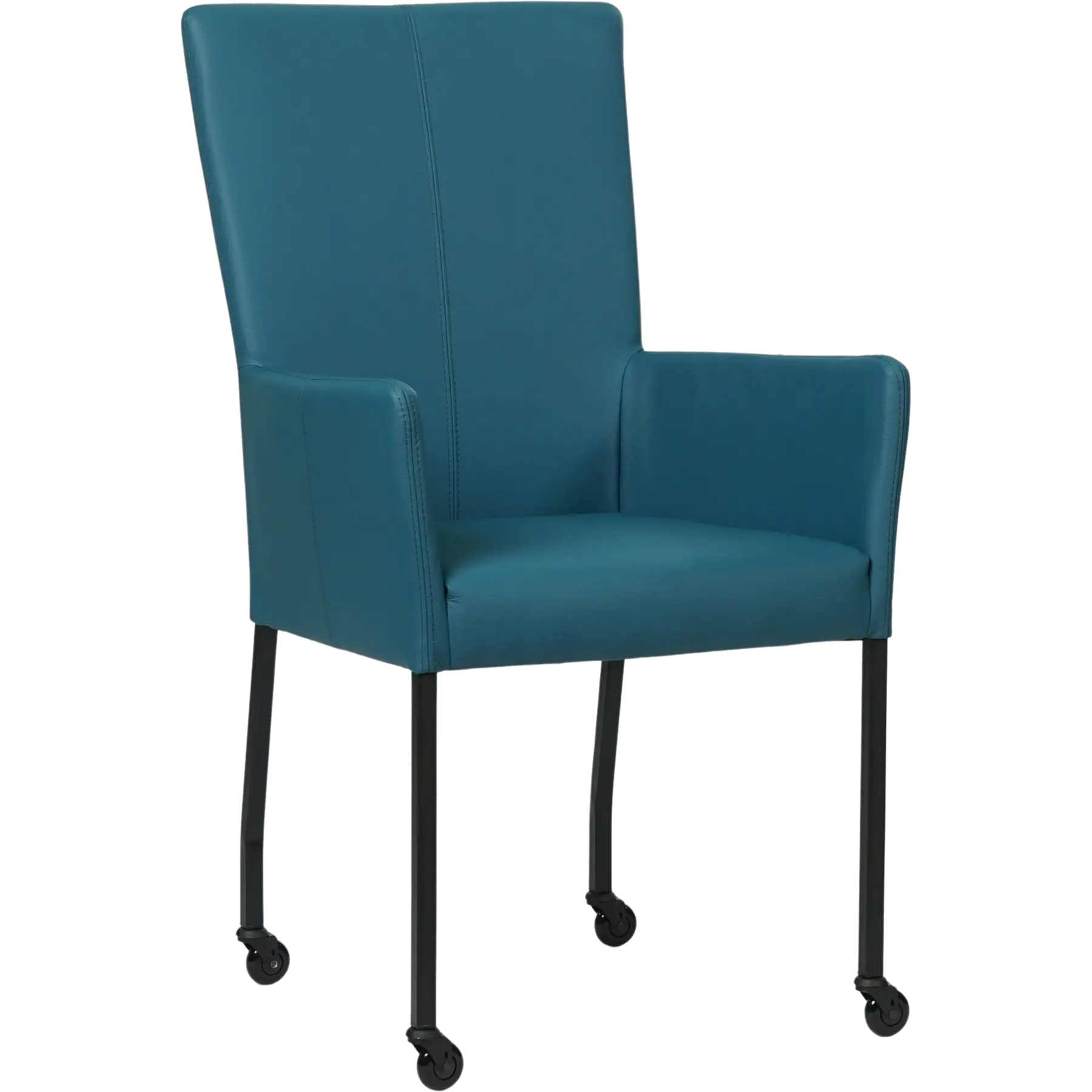afbeelding van Set van 8 Leren eetkamerstoelen Deal met armleuning - Hermes Turquoise (blauw) - Poten staal vierkant zwart