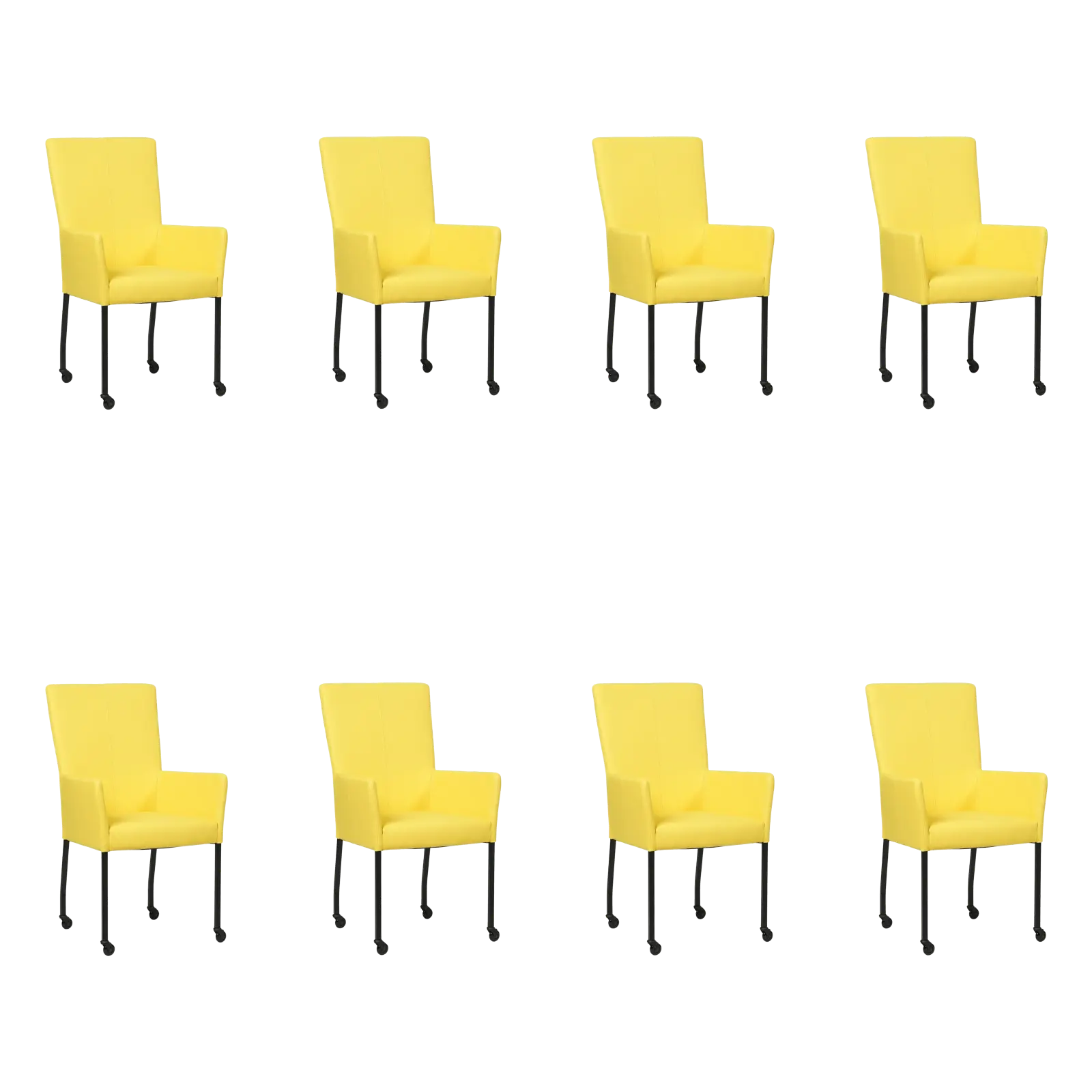 afbeelding van Set van 8 Leren eetkamerstoelen Deal met armleuning - Hermes Yellow (felgeel) - Poten staal vierkant zwart