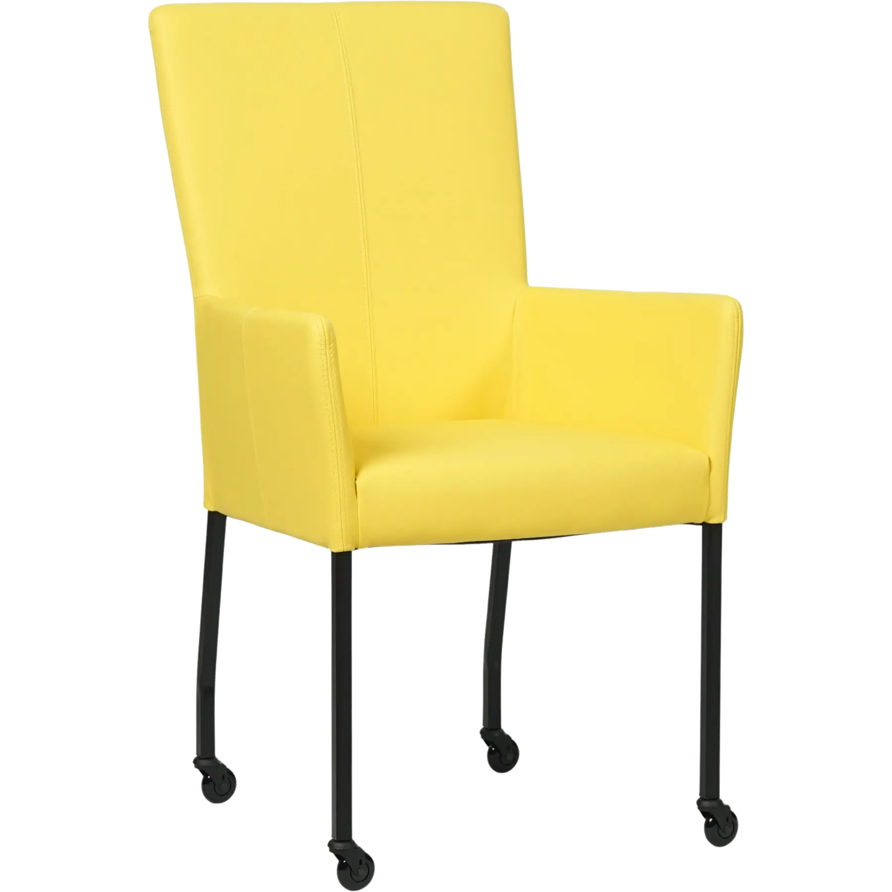 afbeelding van Set van 8 Leren eetkamerstoelen Deal met armleuning - Hermes Yellow (felgeel) - Poten staal vierkant zwart