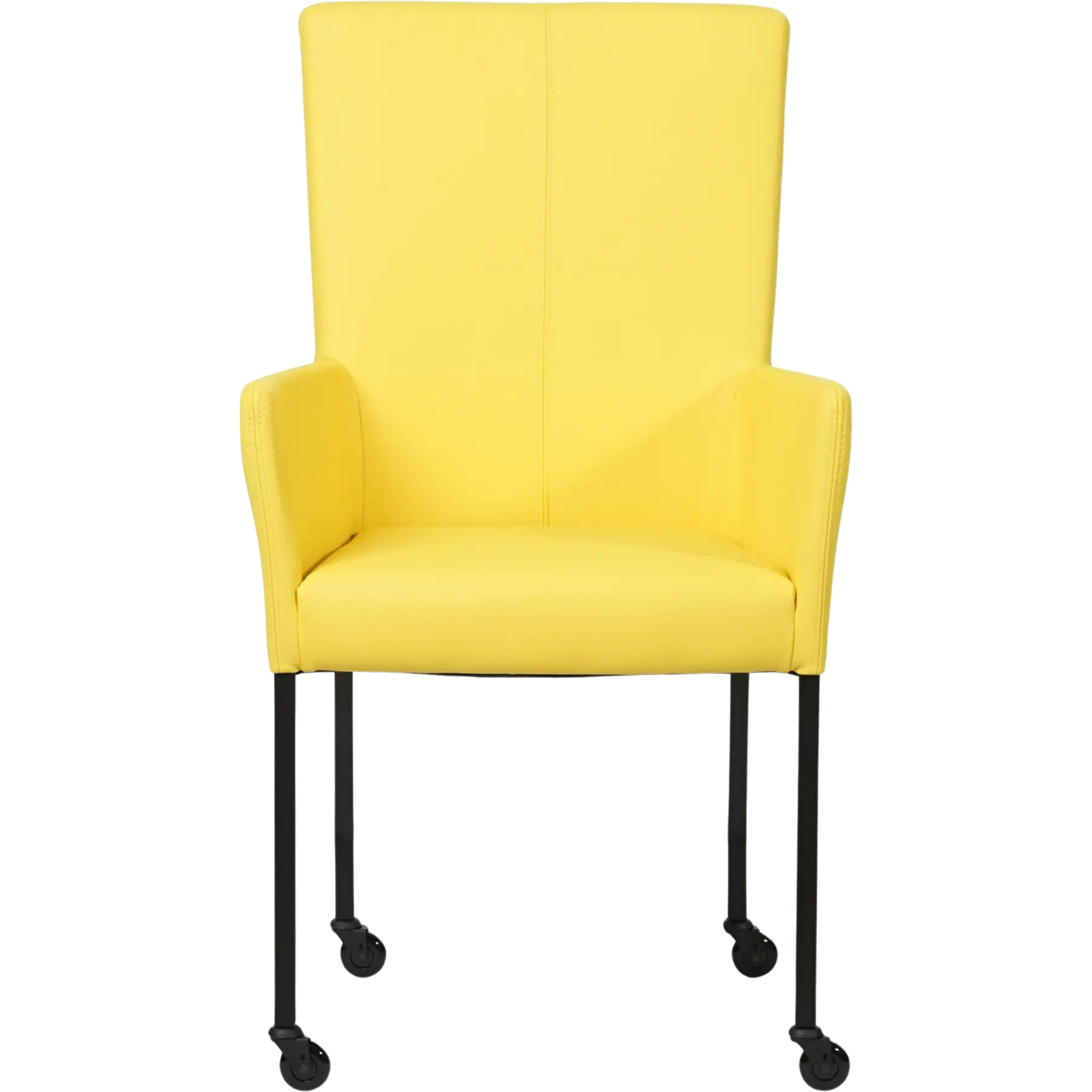 afbeelding van Set van 8 Leren eetkamerstoelen Deal met armleuning - Hermes Yellow (felgeel) - Poten staal vierkant zwart