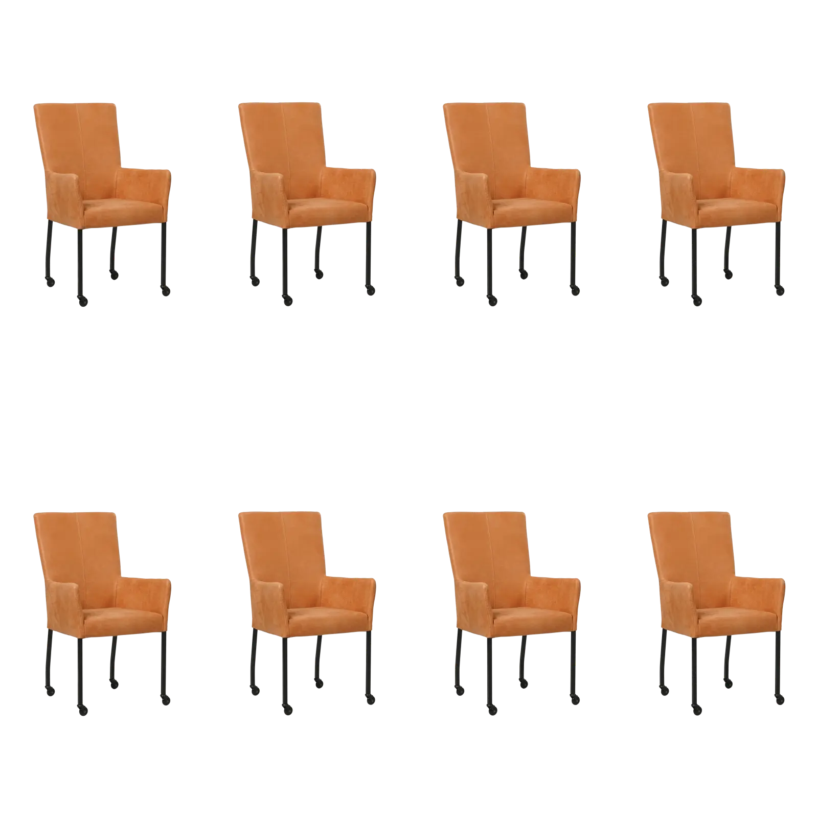 afbeelding van Set van 8 Leren eetkamerstoelen Deal met armleuning - Kenia Rost (oranje) - Poten staal vierkant zwart