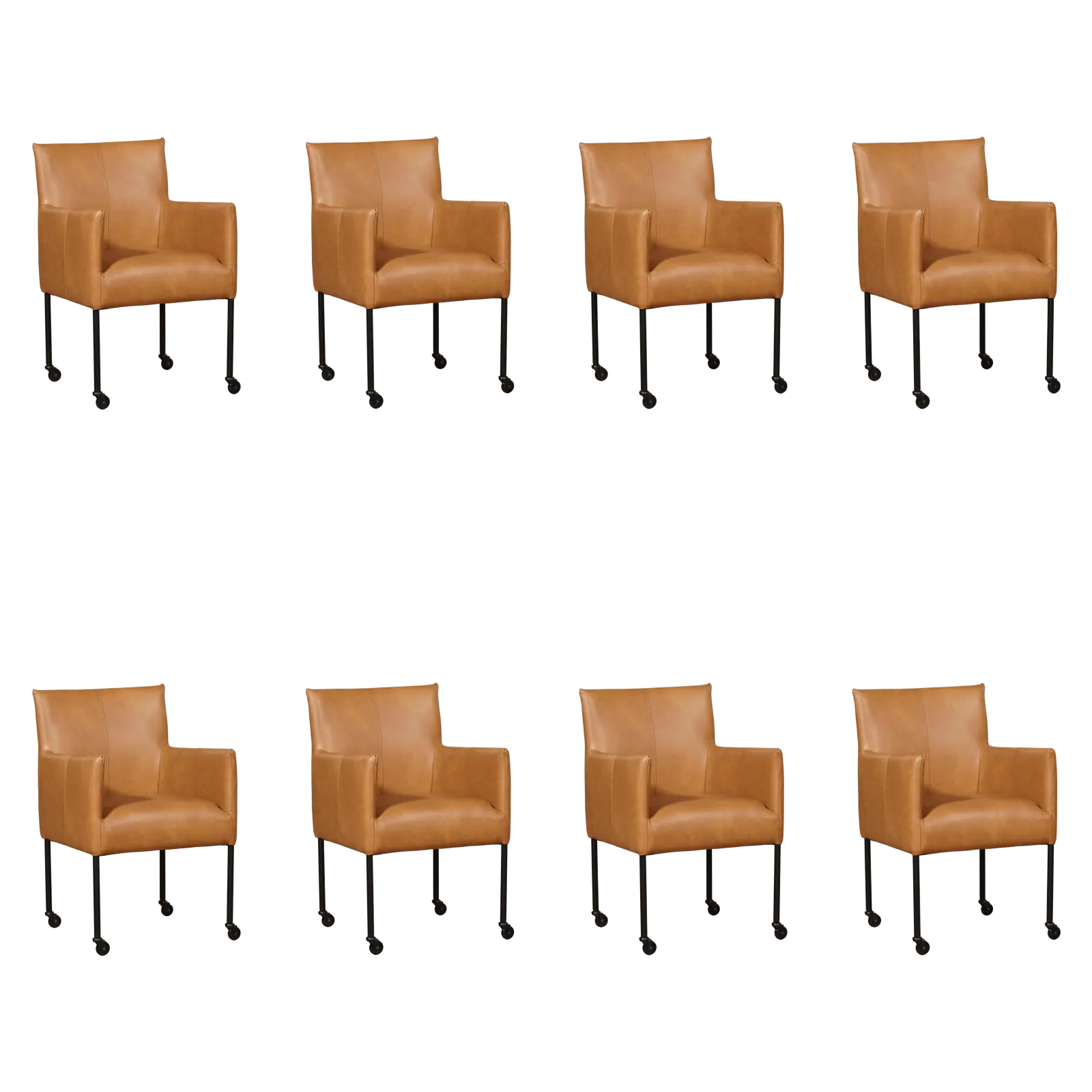 afbeelding van Set van 8 Leren eetkamerstoelen Desire - Granada Sahara (cognac) - Poten staal rond zwart
