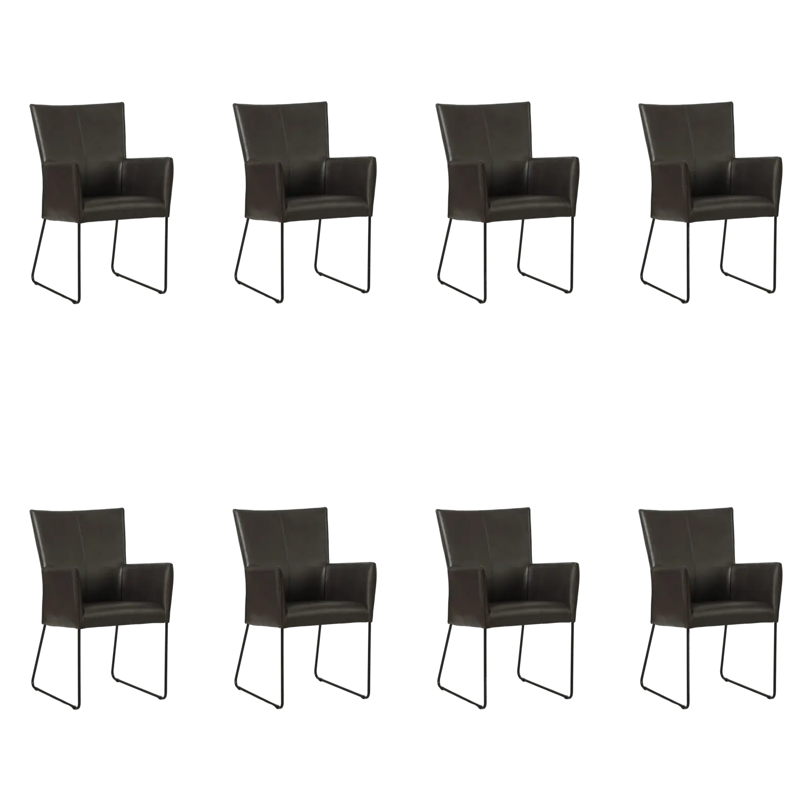 afbeelding van Set van 8 Leren eetkamerstoelen Mate met armleuning - Granada Ebony (donkerbruin) - U-poot staal rond zwart