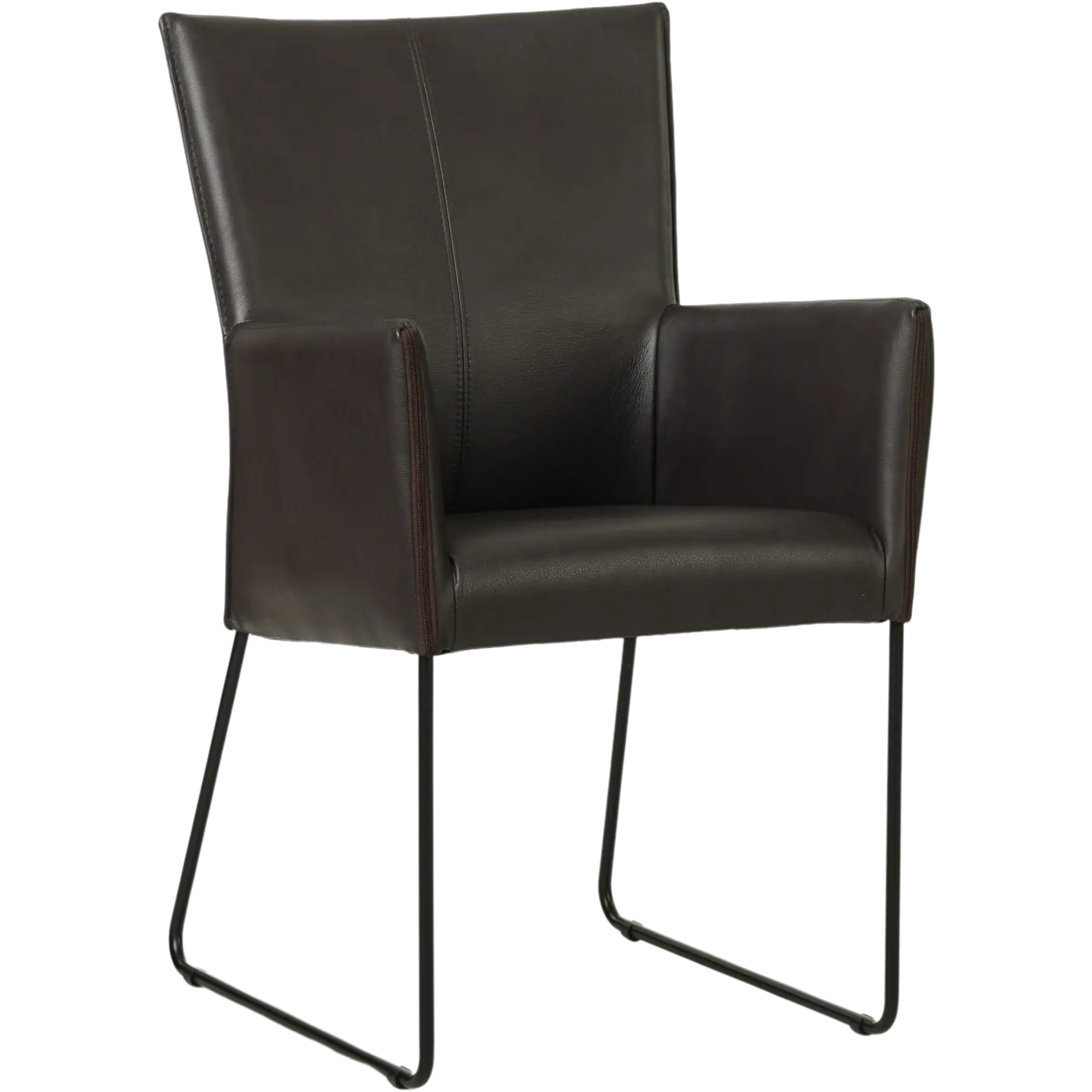 afbeelding van Set van 8 Leren eetkamerstoelen Mate met armleuning - Granada Ebony (donkerbruin) - U-poot staal rond zwart