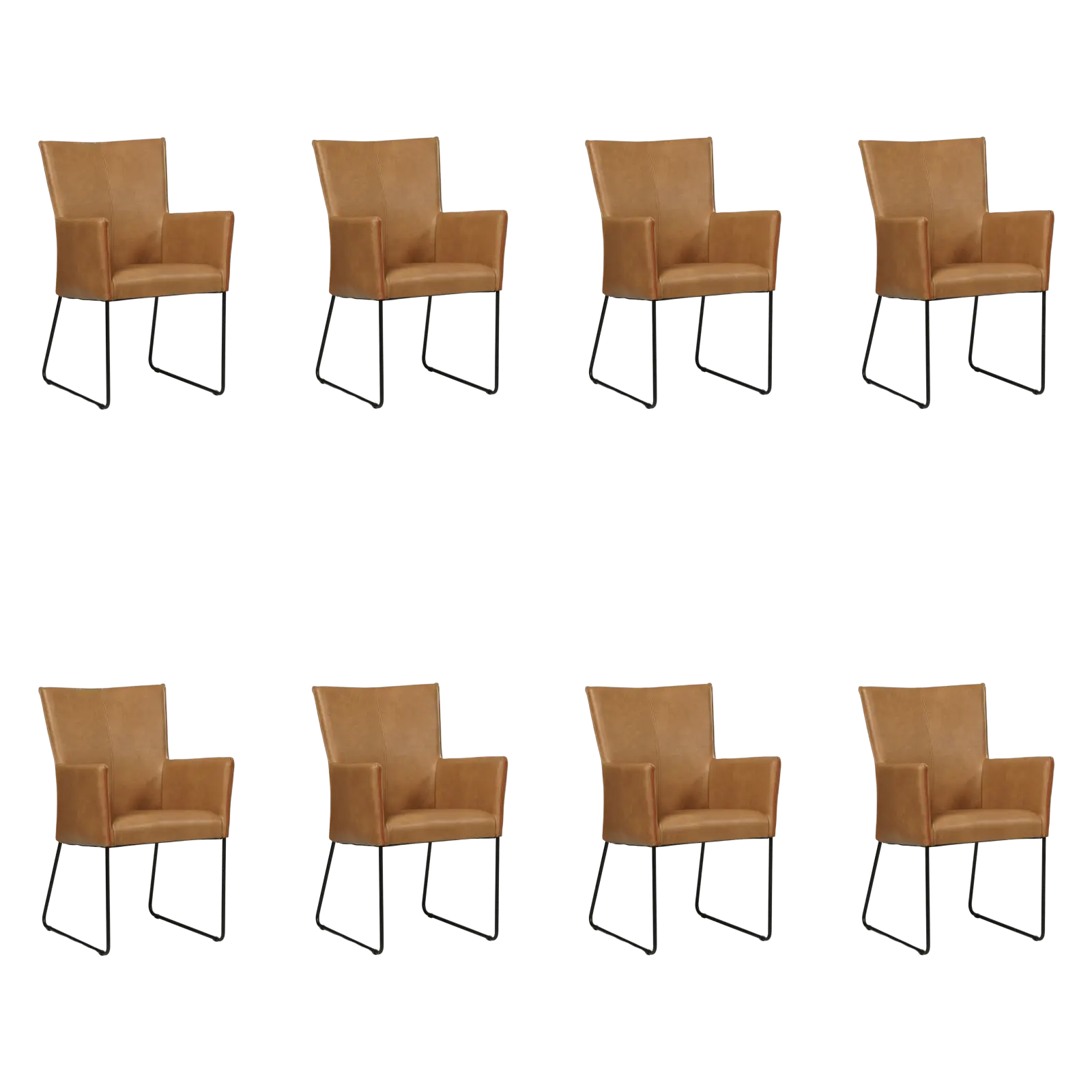 afbeelding van Set van 8 Leren eetkamerstoelen Mate met armleuning - Granada Sahara (cognac) - U-poot staal rond zwart