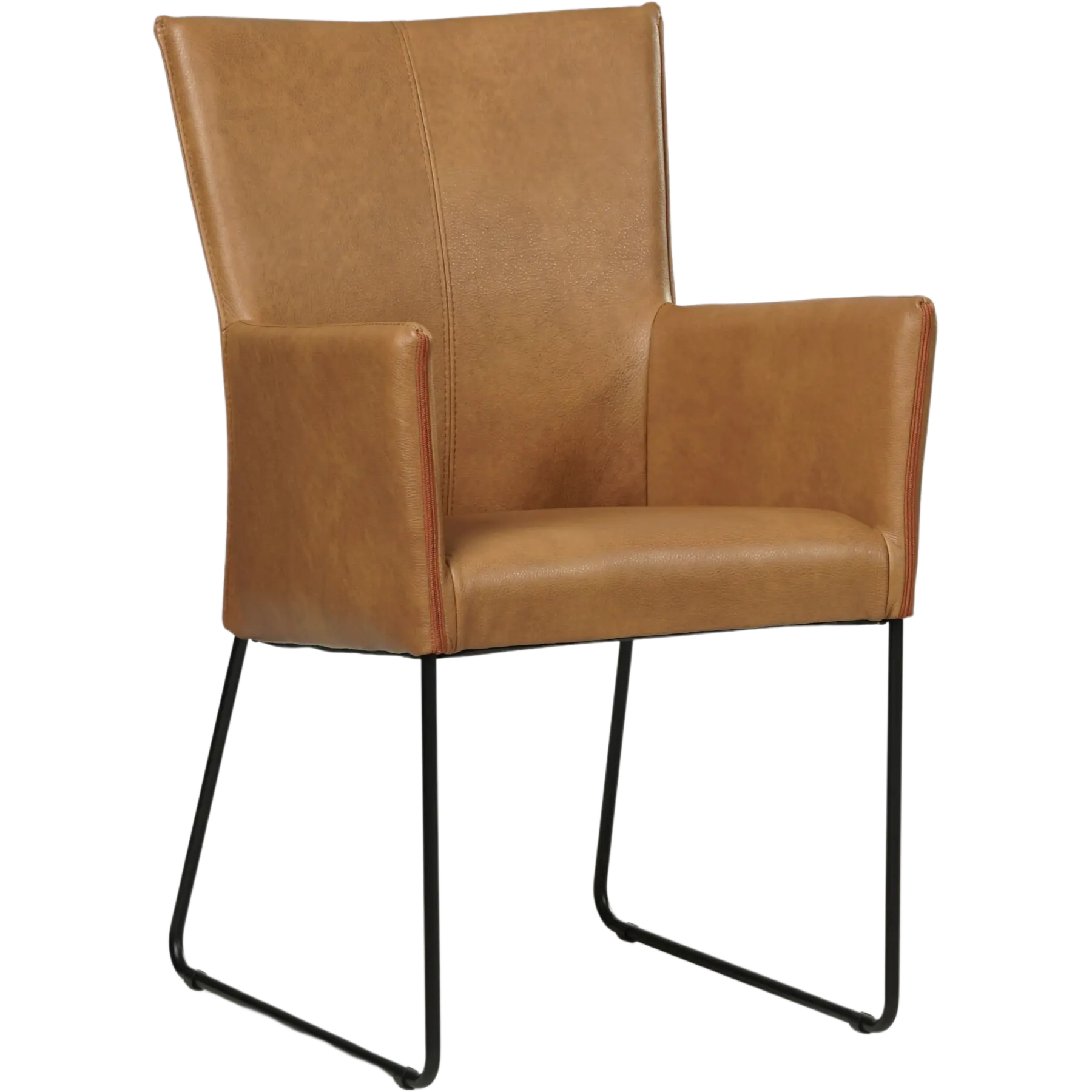 afbeelding van Set van 8 Leren eetkamerstoelen Mate met armleuning - Granada Sahara (cognac) - U-poot staal rond zwart