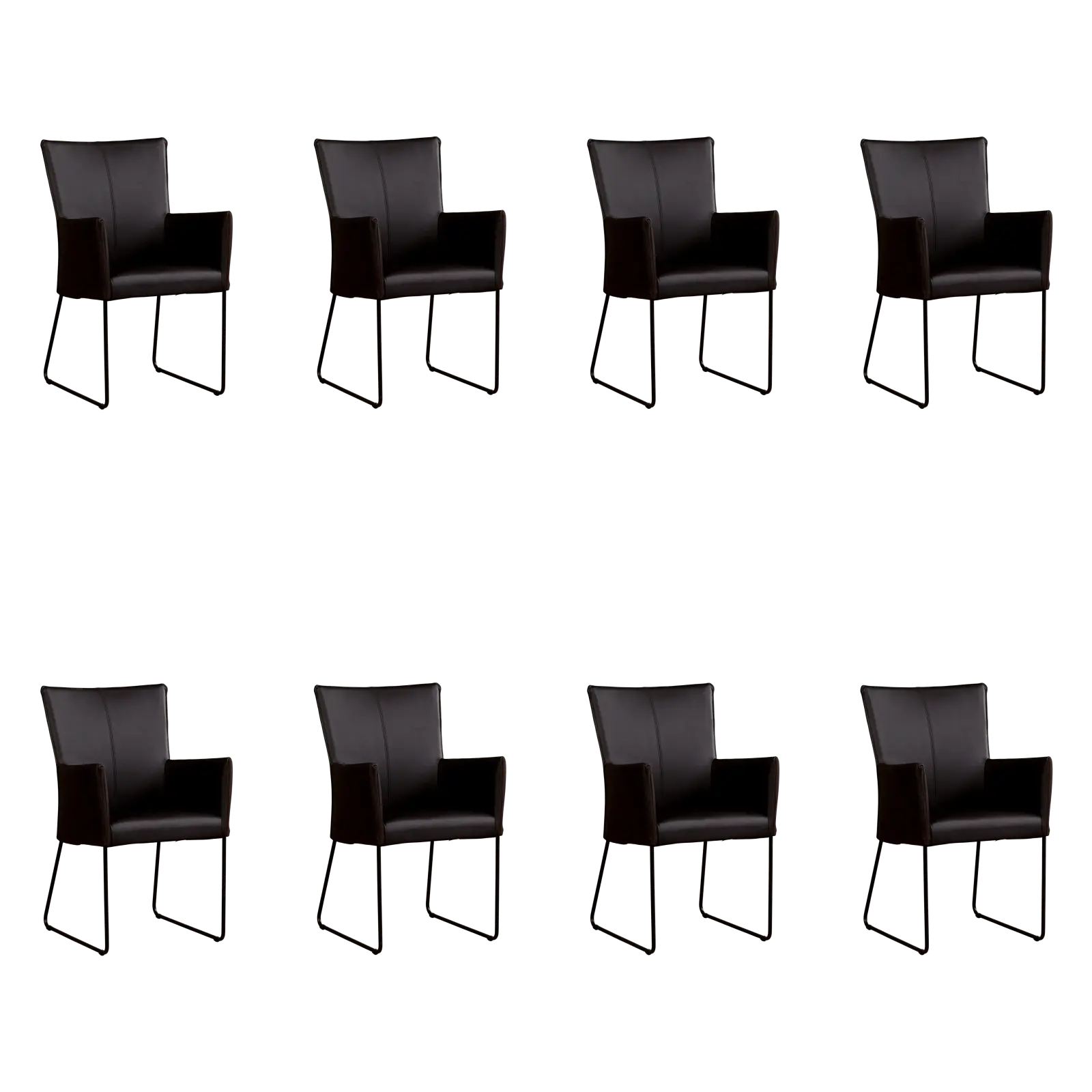 afbeelding van Set van 8 Leren eetkamerstoelen Mate met armleuning - Rancho Moro (donkerbruin) - U-poot staal rond zwart