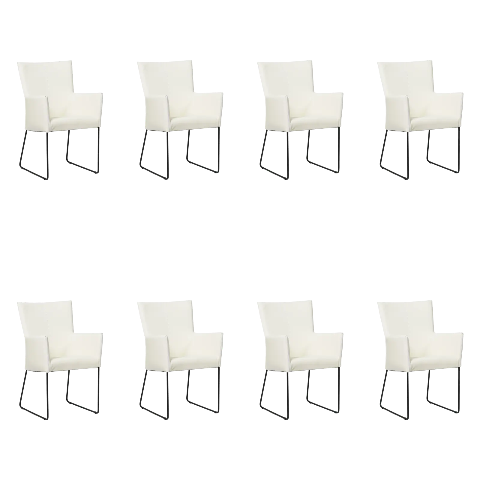 afbeelding van Set van 8 Leren eetkamerstoelen Mate met armleuning - Toledo Bianco (gebroken wit) - U-poot staal rond zwart