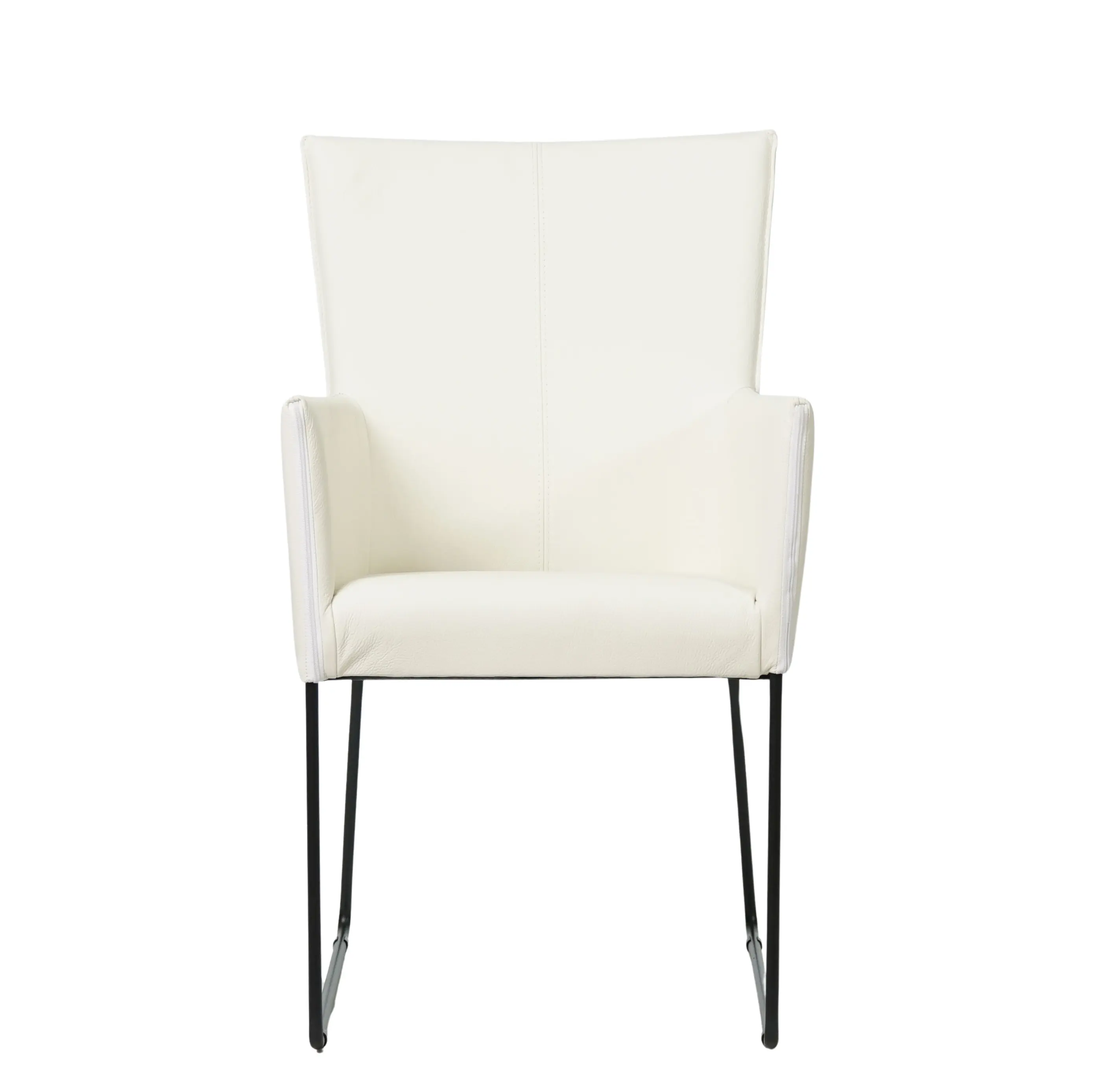 afbeelding van Set van 8 Leren eetkamerstoelen Mate met armleuning - Toledo Bianco (gebroken wit) - U-poot staal rond zwart