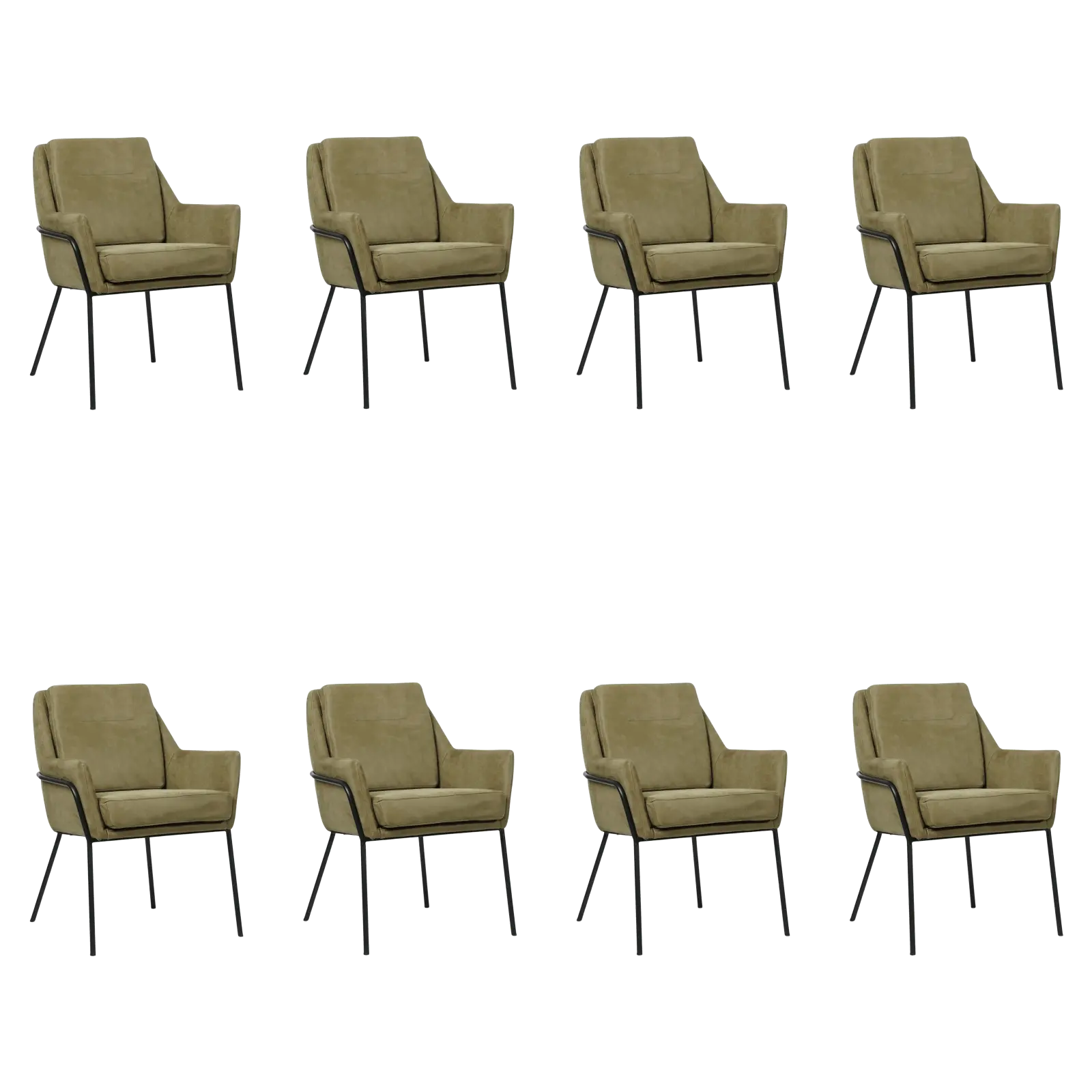 afbeelding van Set van 8 Leren eetkamerstoelen Mix - Kenia Olive (olijf) - Poten staal rond zwart