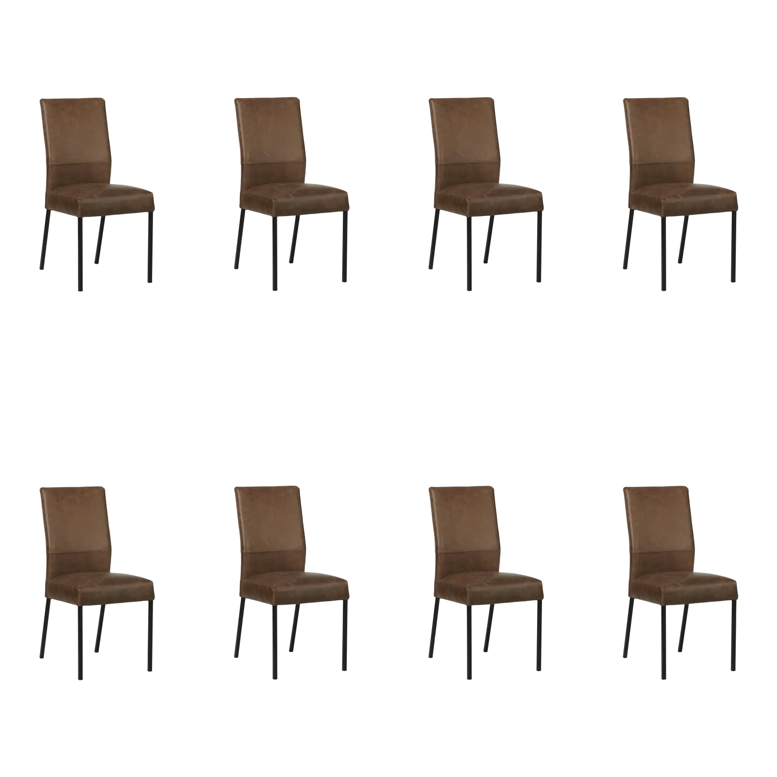 afbeelding van Set van 8 Leren eetkamerstoelen Real - Vintage Brown (bruin) - Poten staal vierkant zwart