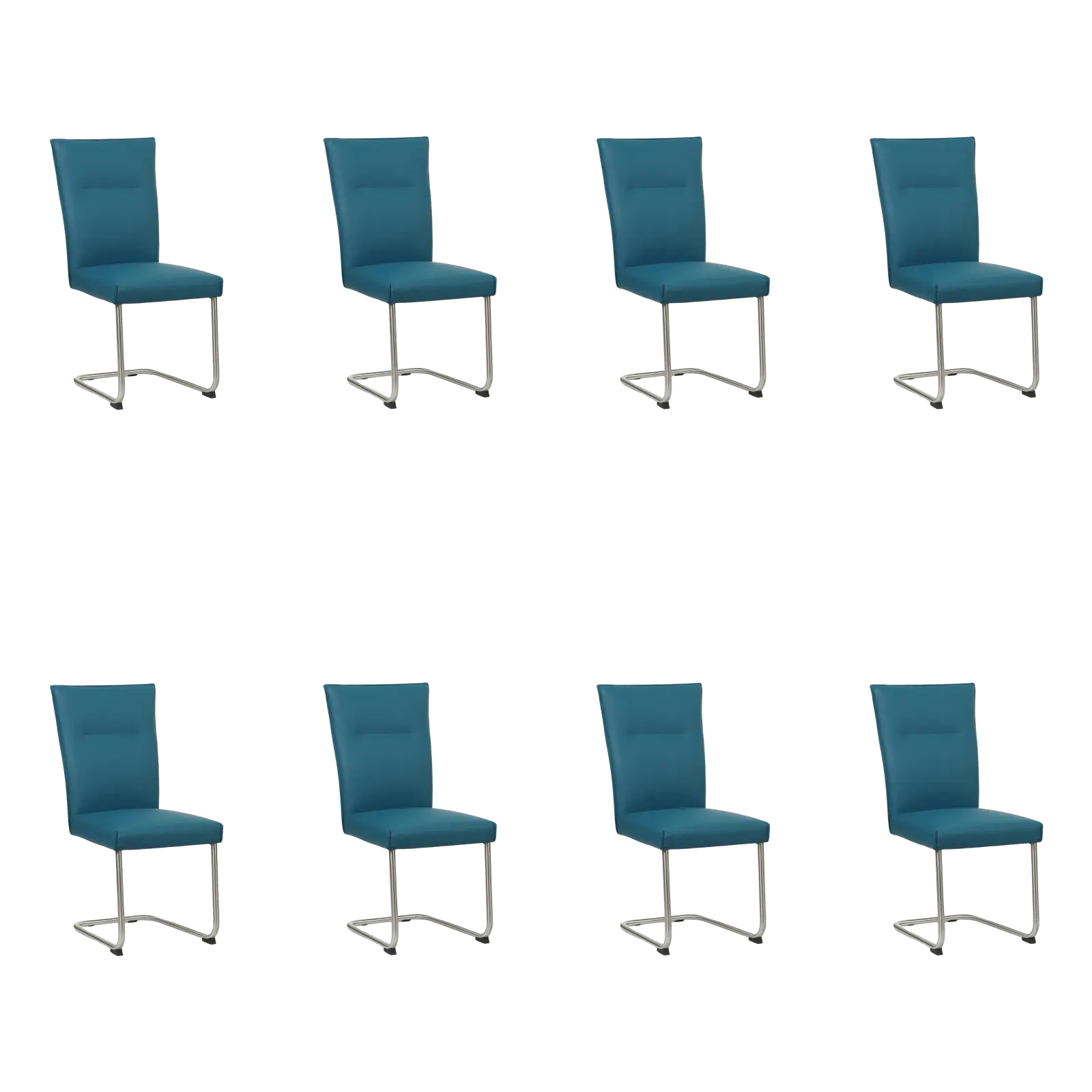 afbeelding van Set van 8 Leren eetkamerstoelen Retro - Toledo Turquoise (blauw) - Sledepoot staal rond RVS