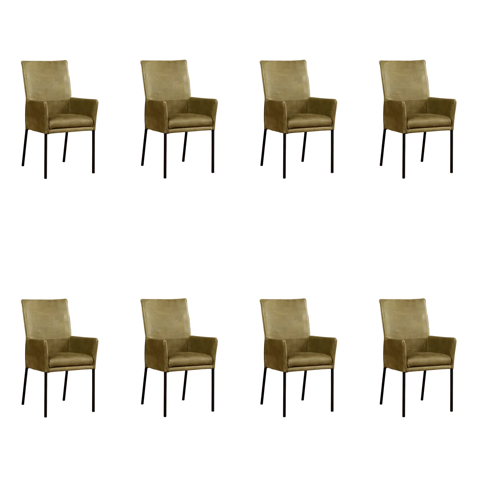 afbeelding van Set van 8 Leren eetkamerstoelen Royal - Kenia Olive (olijf) - Poten staal vierkant zwart