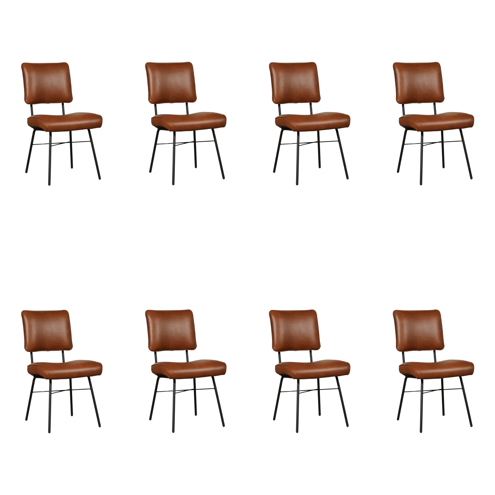 afbeelding van Set van 8 Leren eetkamerstoelen Solid - Granada Savannah (cognac) - Poten staal rond zwart