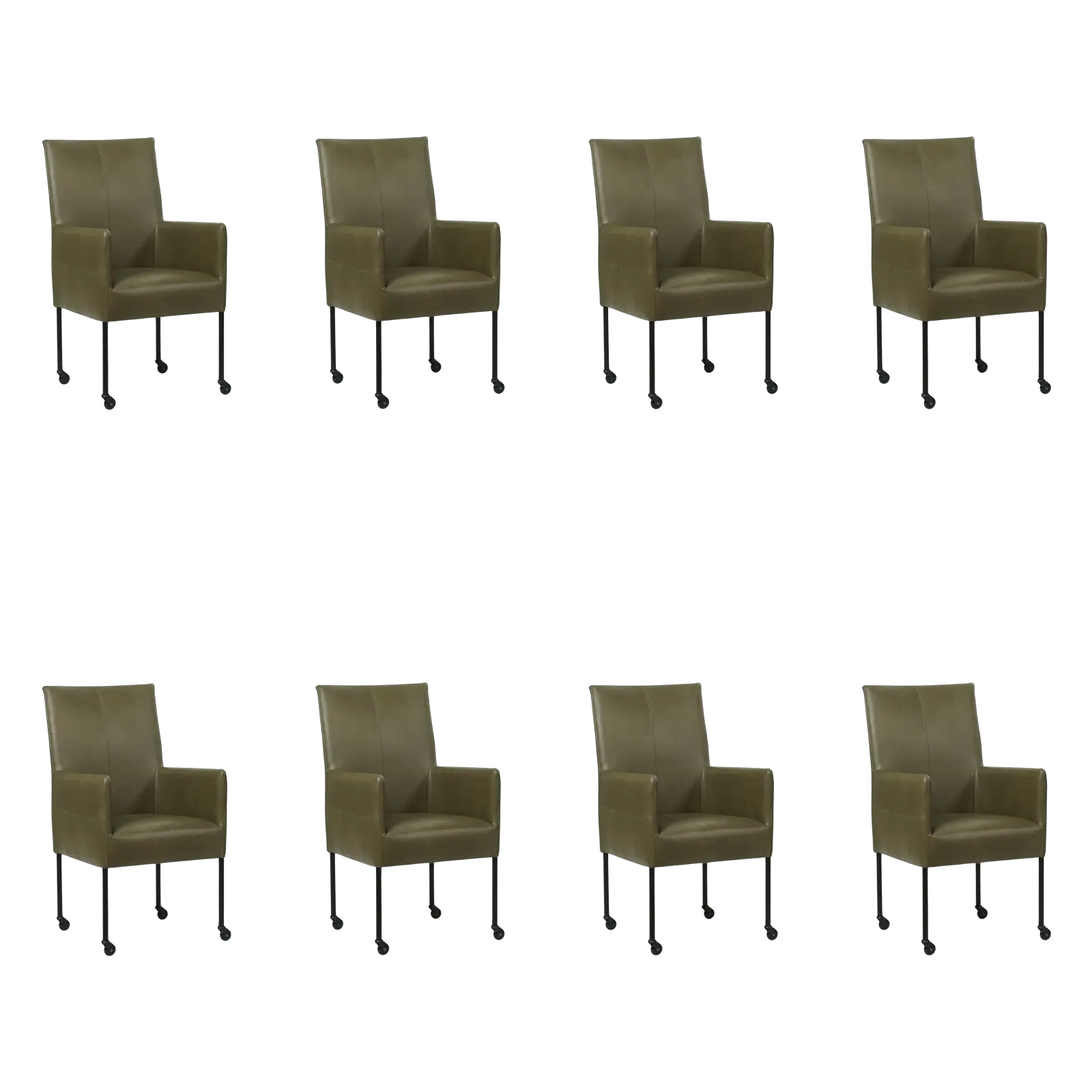 afbeelding van Set van 8 Leren eetkamerstoelen Spark - Granada Moss (olijf/groen) - Poten staal rond zwart