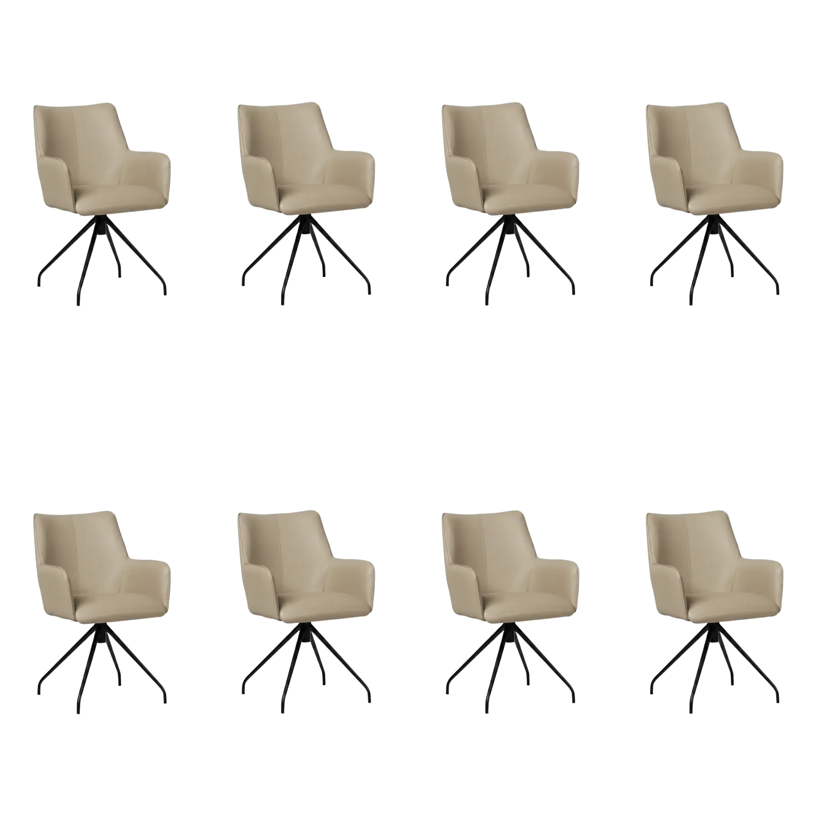 afbeelding van Set van 8 Leren eetkamerstoelen Wave - Toledo Mastic (taupe/bruin) - Spinpoot staal rond zwart