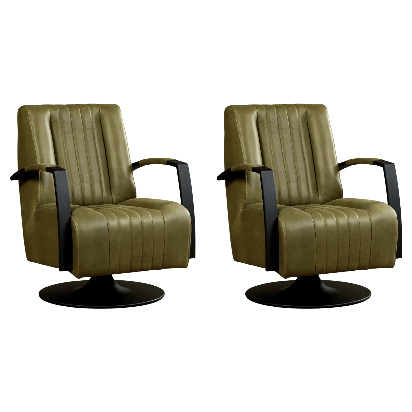 afbeelding van Set van 2 Leren draaifauteuils Galaxy - Vintage Olive (olijf/groen) - Schotelvoet zwart