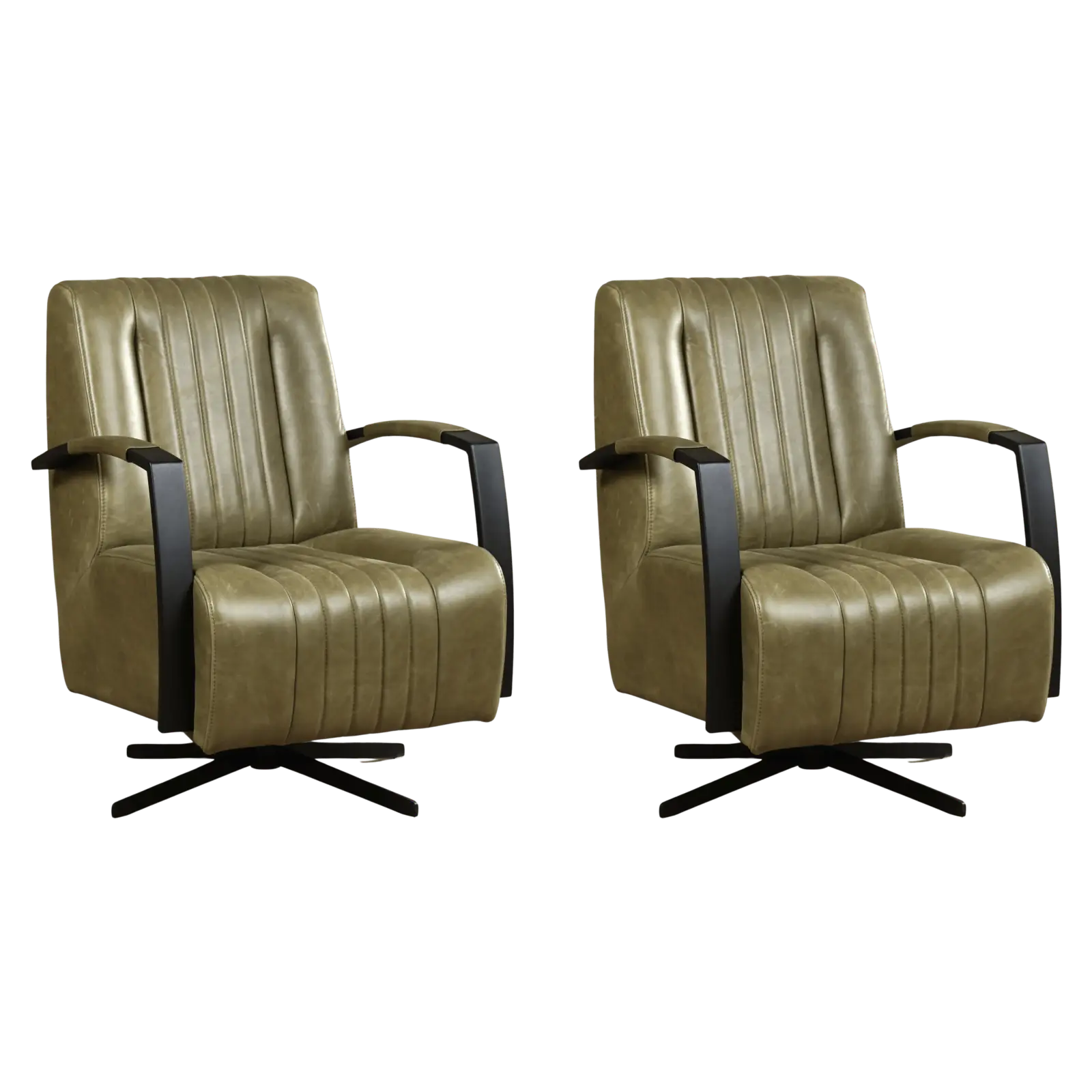 afbeelding van Set van 2 Leren draaifauteuils Galaxy - Vintage Olive (olijf/groen) - Stervoet zwart