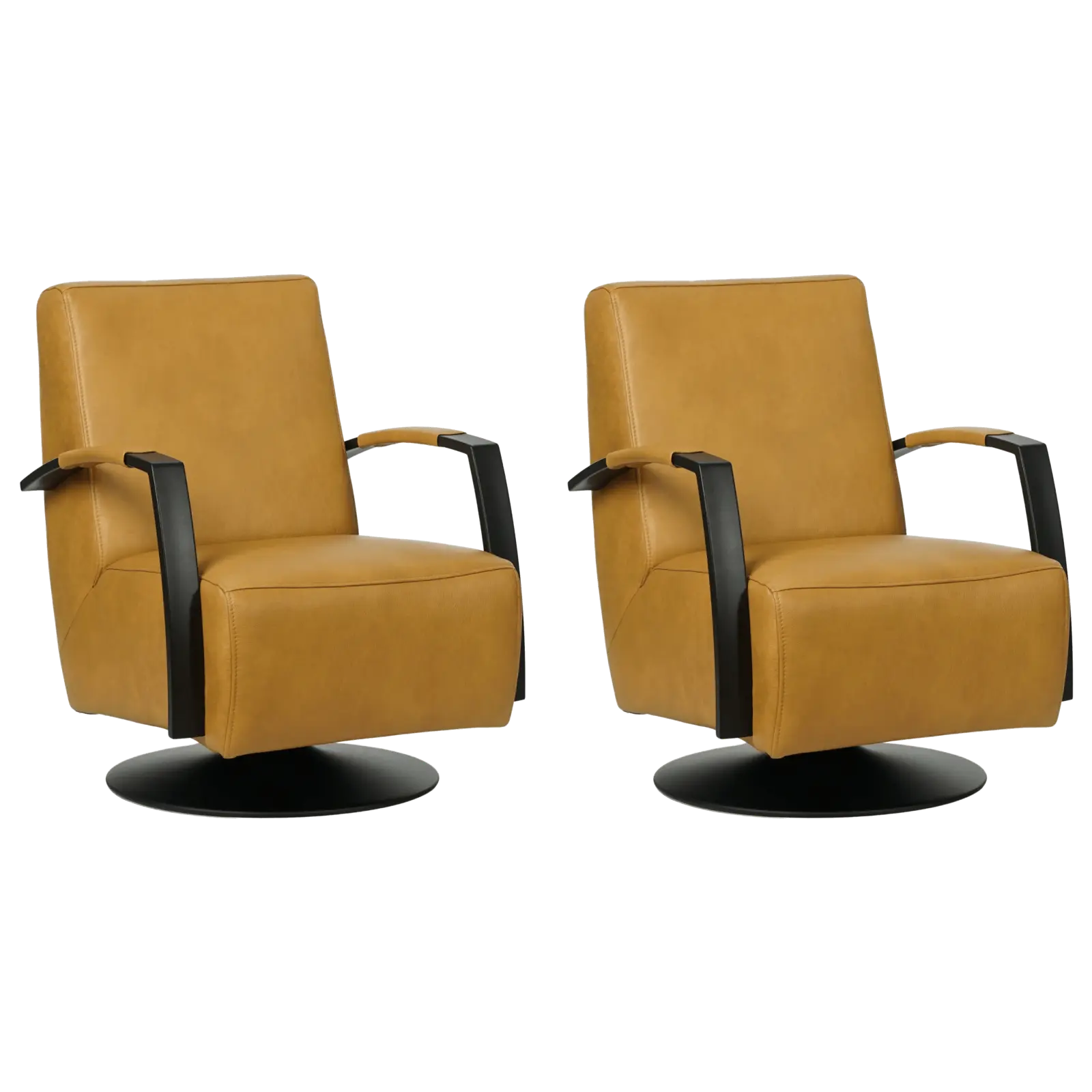 afbeelding van Set van 2 Leren draaifauteuils Mood - Granada Amber (cognac) - Schotelvoet zwart