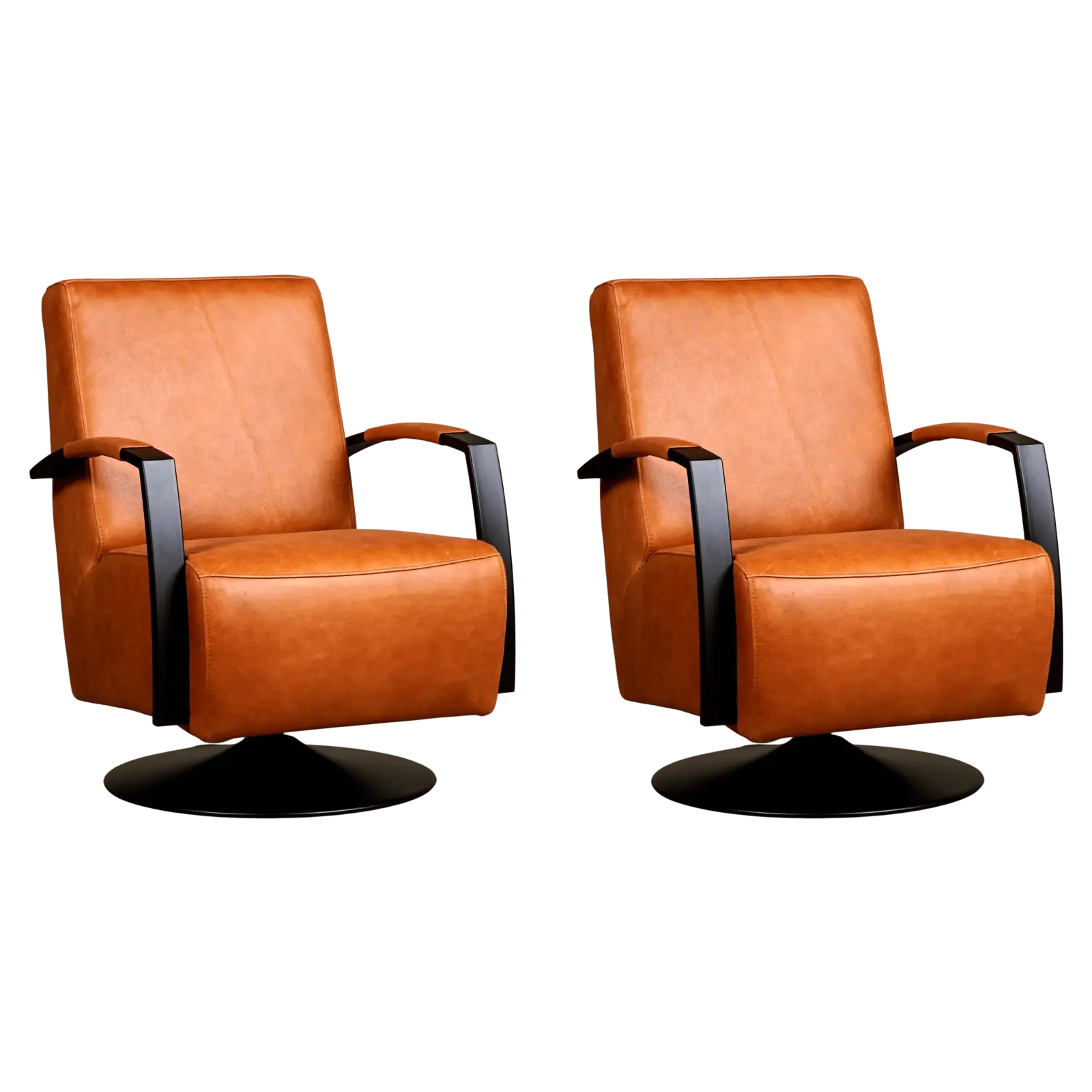 afbeelding van Set van 2 Leren draaifauteuils Mood - Vintage Cognac (cognac) - Schotelvoet zwart