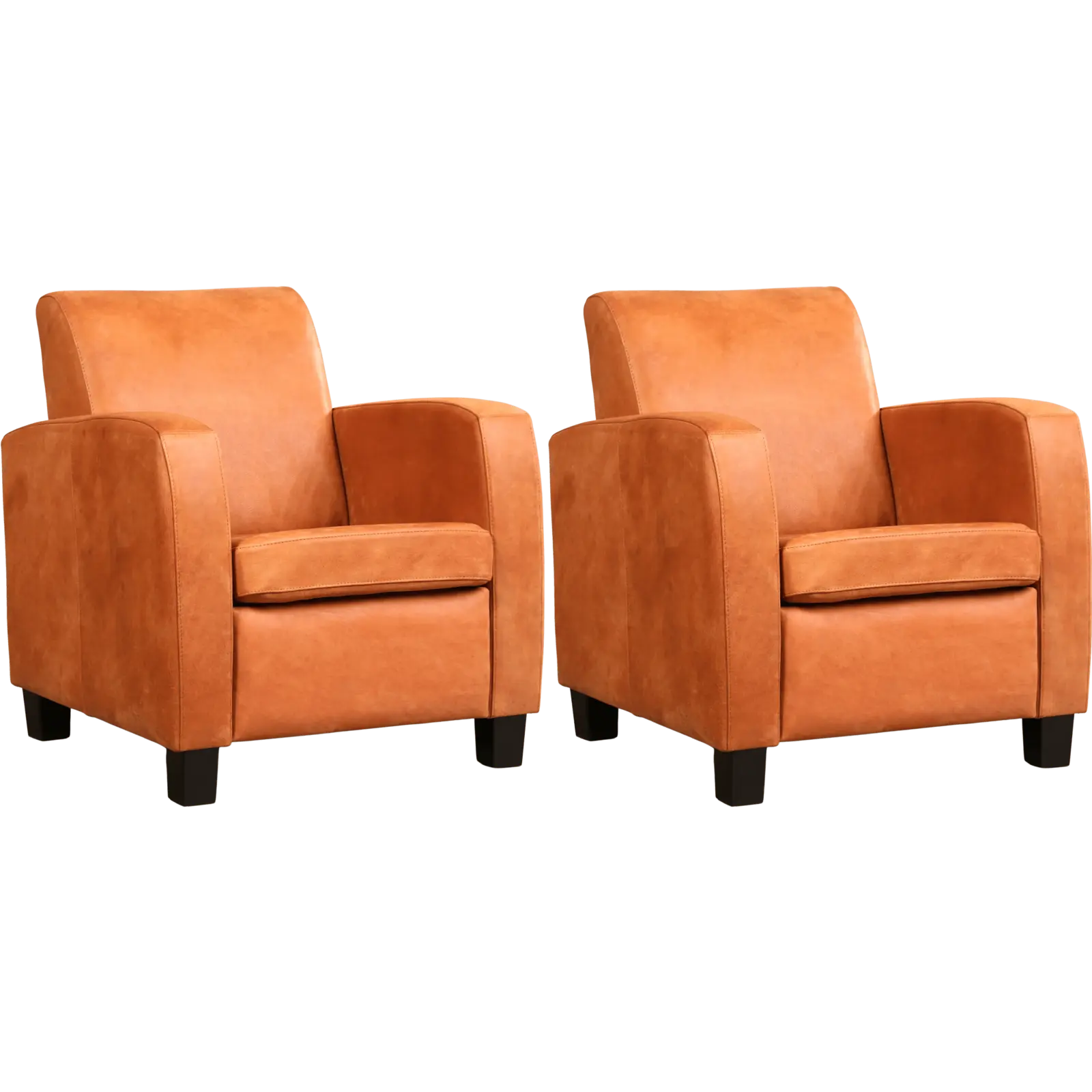 afbeelding van Set van 2 Leren fauteuils Joy - Kenia Rost (oranje) - Poten hout bruin