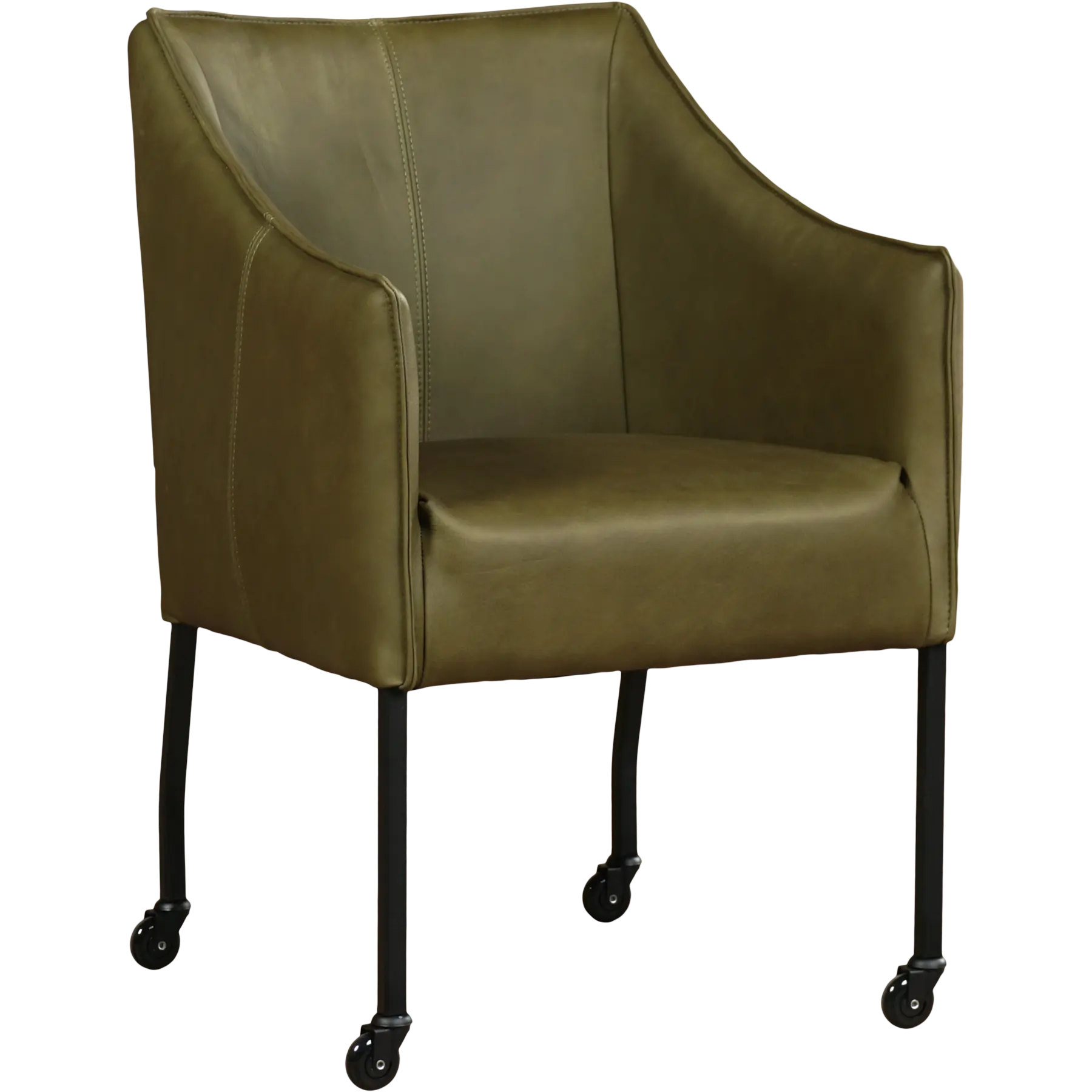 afbeelding van OUTLET Leren eetkamerstoel Happy - met wieltjes en armleuning - Rancho Leer Green - Kleur poot, zwart - Skate wiel zwart