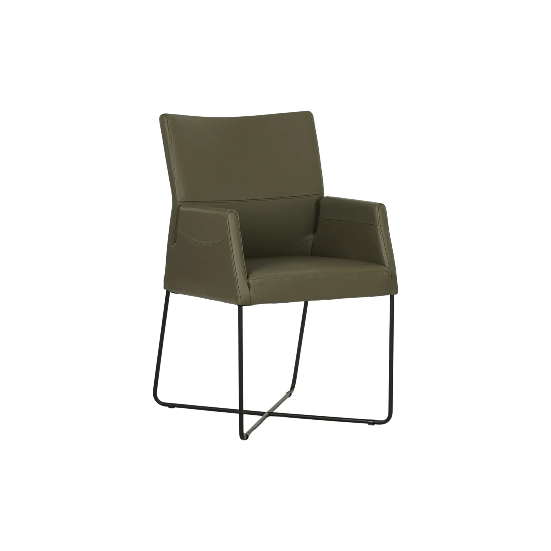 afbeelding van Set van 4 olijf kleur leren eetkamerstoelen Emma - met armleuning