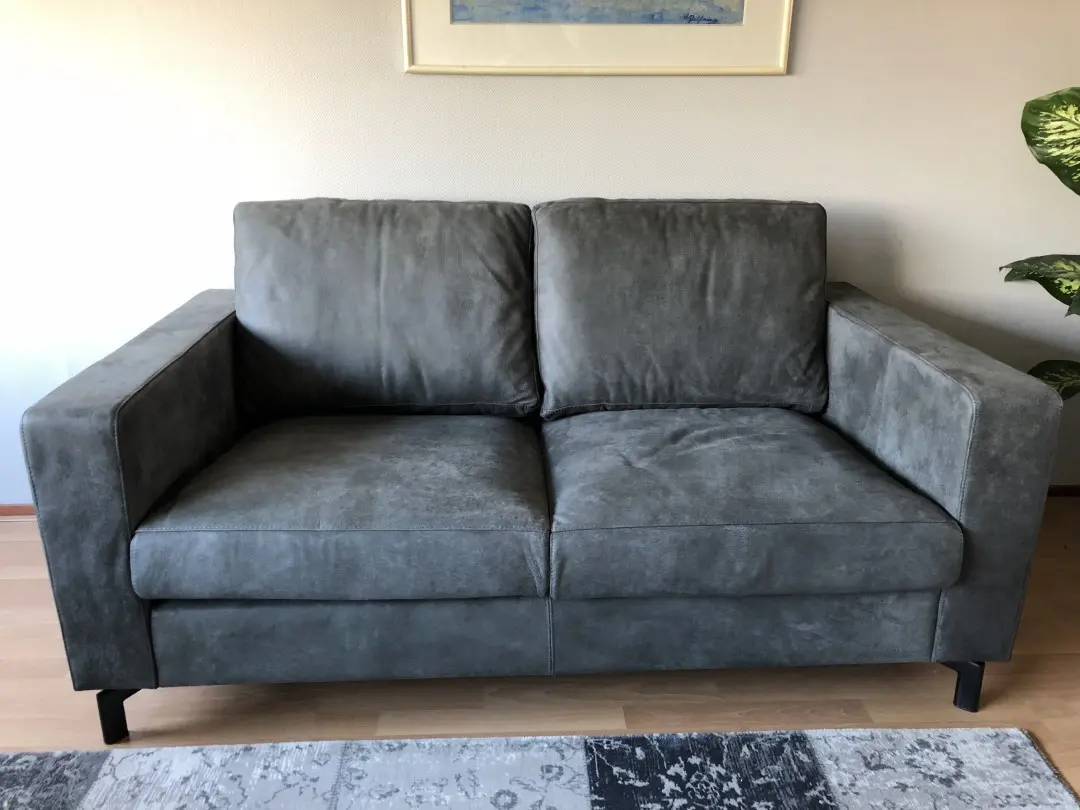 afbeelding van Leren 2-zits bank met stalen poten - blauw leer