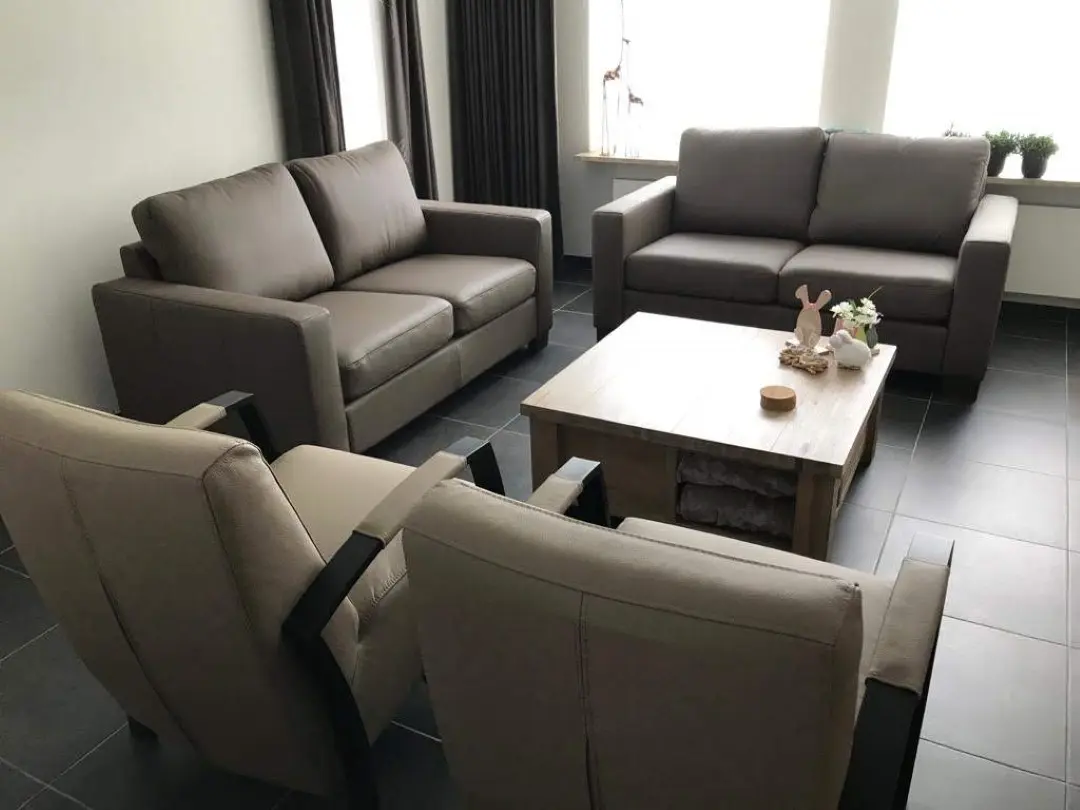 afbeelding van 2 bruine leren banken