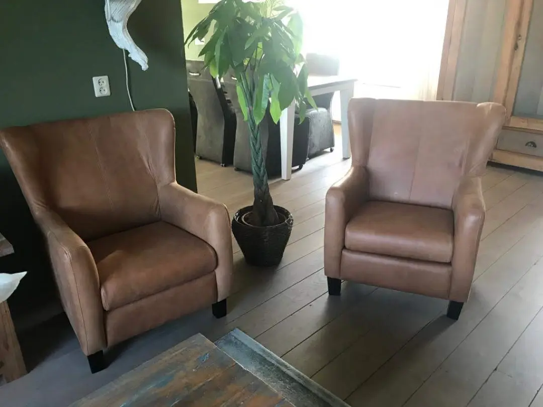 afbeelding van Set van 2 bruine leren oorfauteuils met houten poten - bruin leer