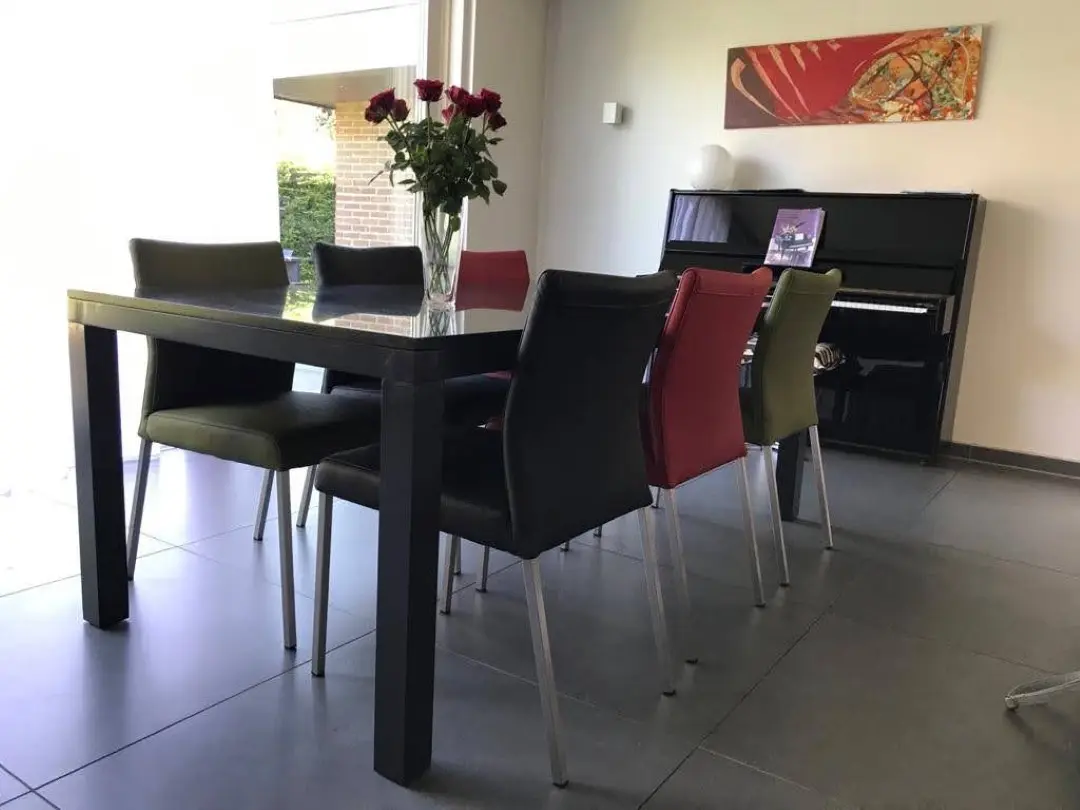 afbeelding van Set van 6 leren eetkamerstoelen in meerdere kleuren