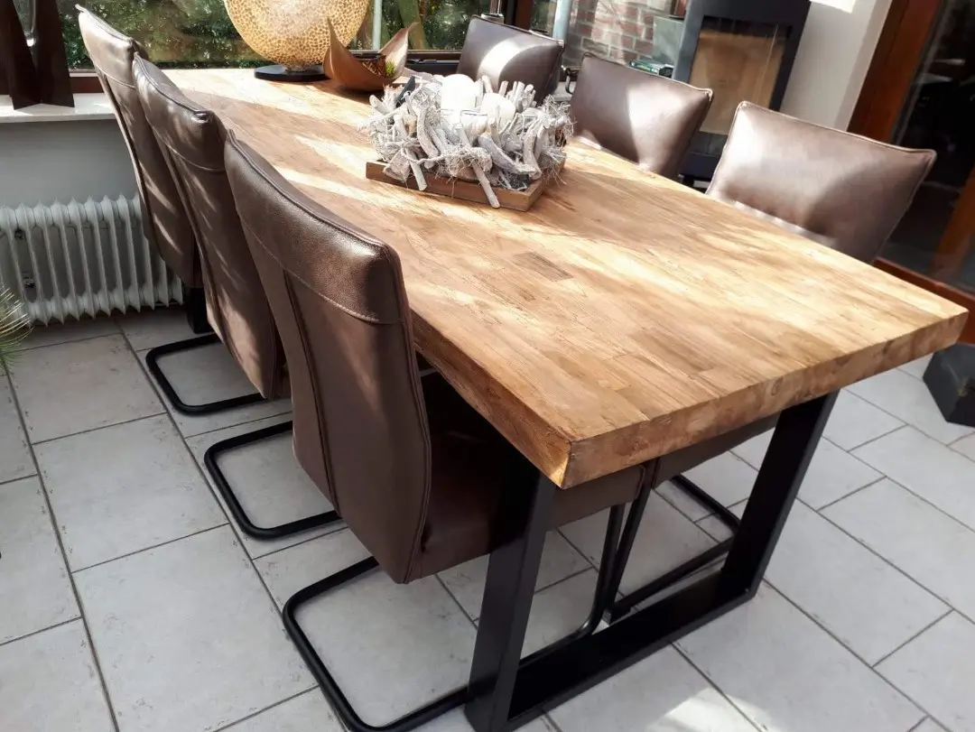 afbeelding van Set van 6 bruine leren eetkamerstoelen met sledepoot - bruin leer