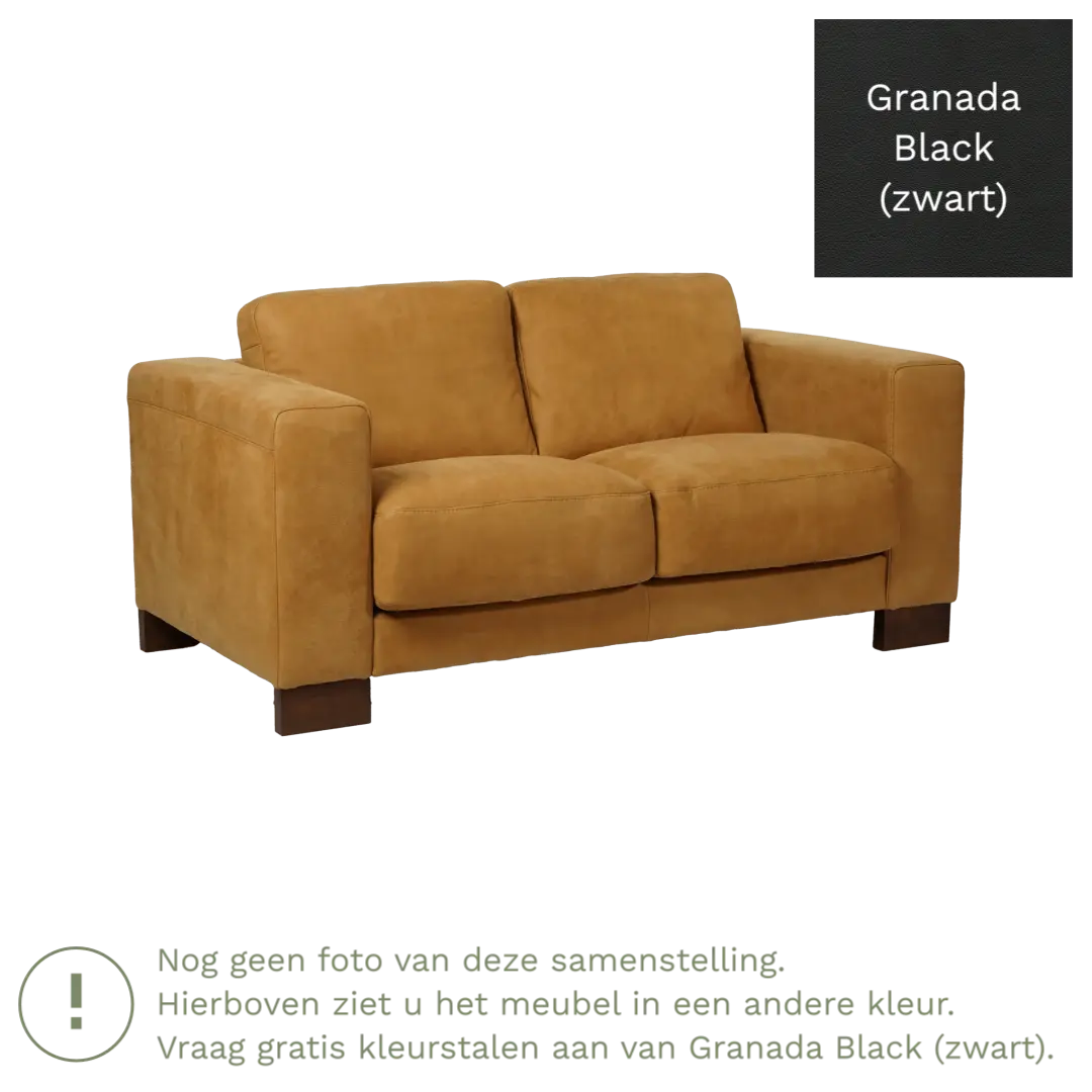 afbeelding van Leren bank Clear - 2 zits - Granada Black (zwart) - Poten hout bruin