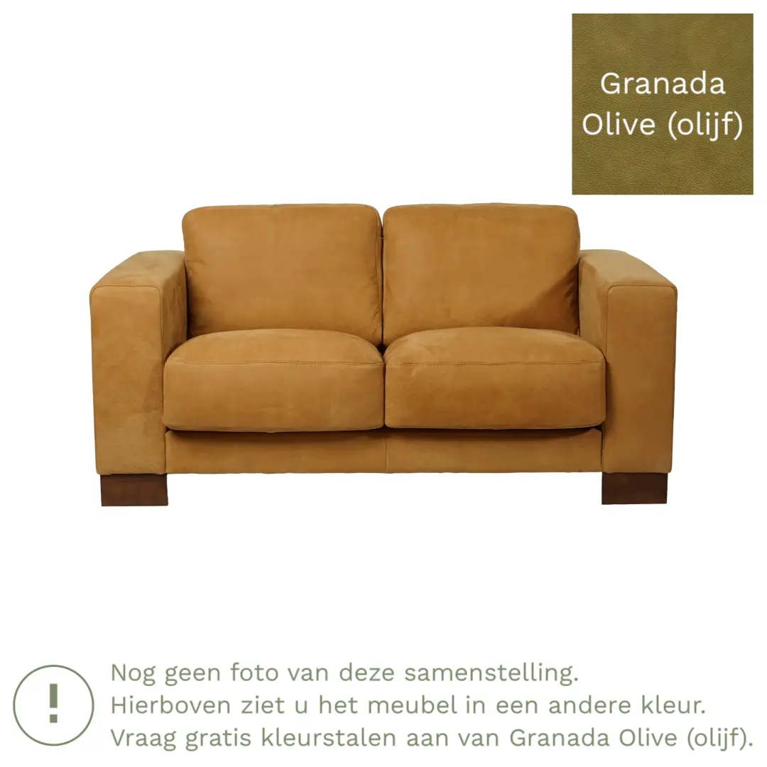 afbeelding van Leren bank Clear - 2 zits - Granada Olive (olijf) - Poten hout zwart