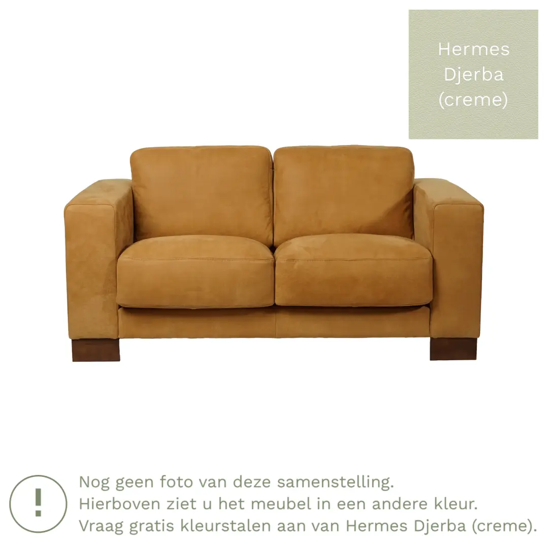 afbeelding van Leren bank Clear - 2 zits - Hermes Djerba (crème) - Poten hout bruin