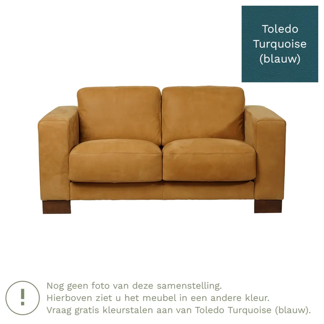 afbeelding van Leren bank Clear - 2 zits - Toledo Turquoise (blauw) - Poten hout bruin