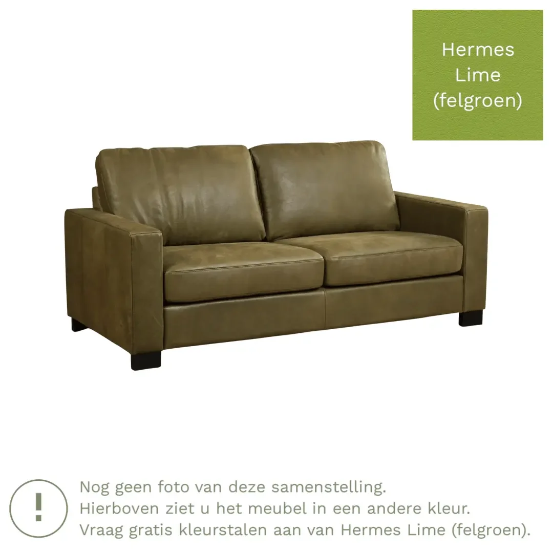 afbeelding van Leren bank Energy - 2,5 zits - Hermes Lime (felgroen) - Poten hout bruin