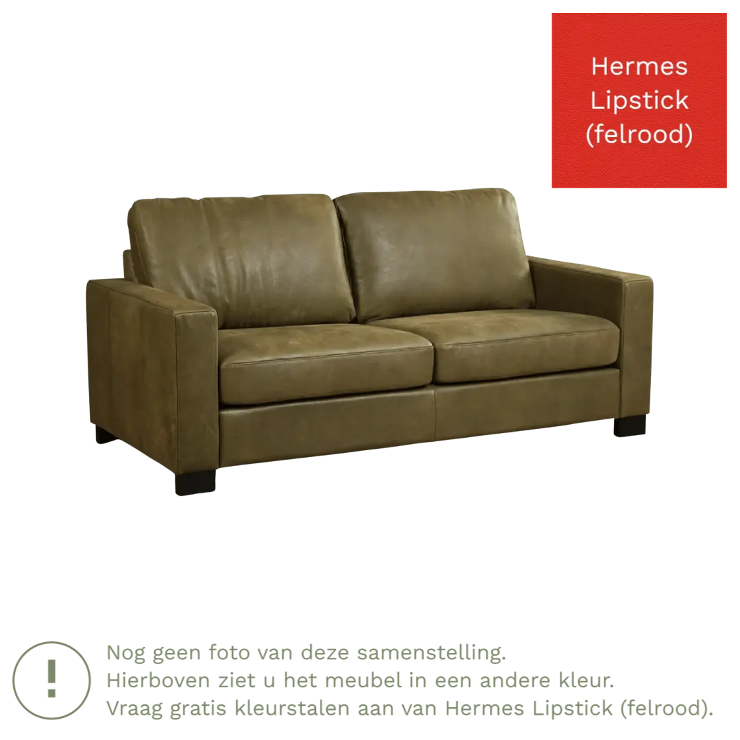 afbeelding van Leren bank Energy - 2,5 zits - Hermes Lipstick (felrood) - Poten hout zwart