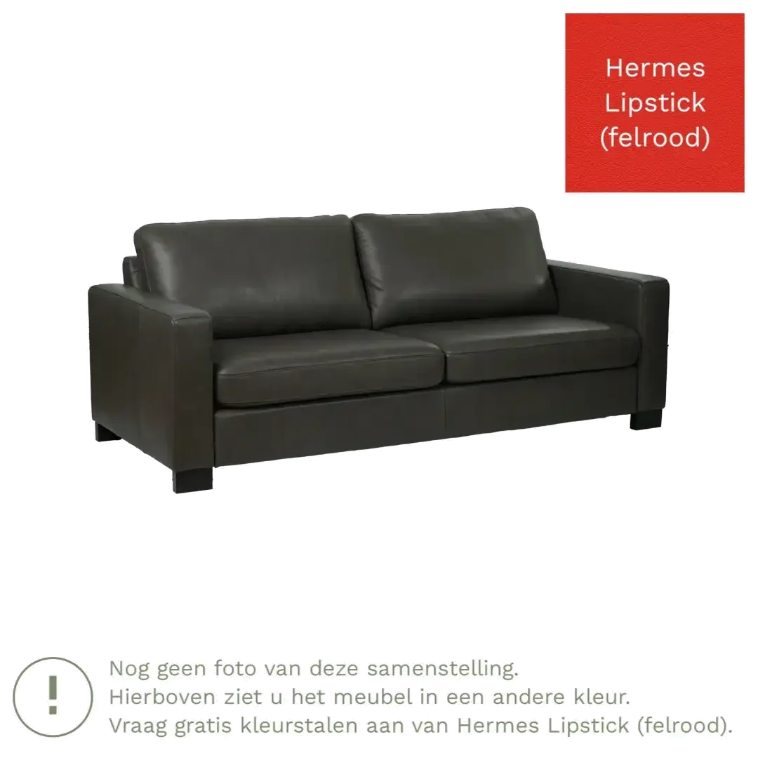 afbeelding van Leren bank Energy - 3 zits - Hermes Lipstick (felrood) - Poten hout zwart
