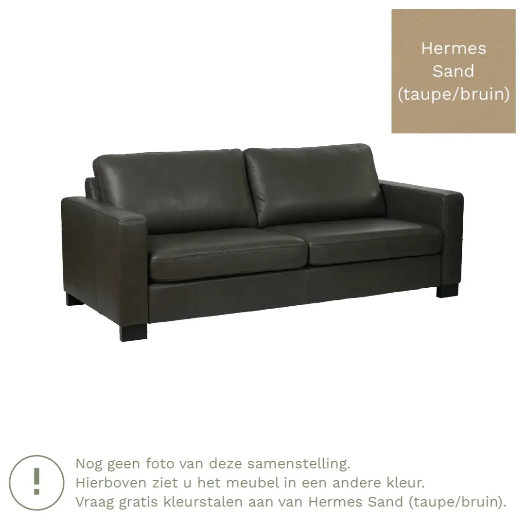 afbeelding van Leren bank Energy - 3 zits - Hermes Sand (taupe/bruin) - Poten hout bruin
