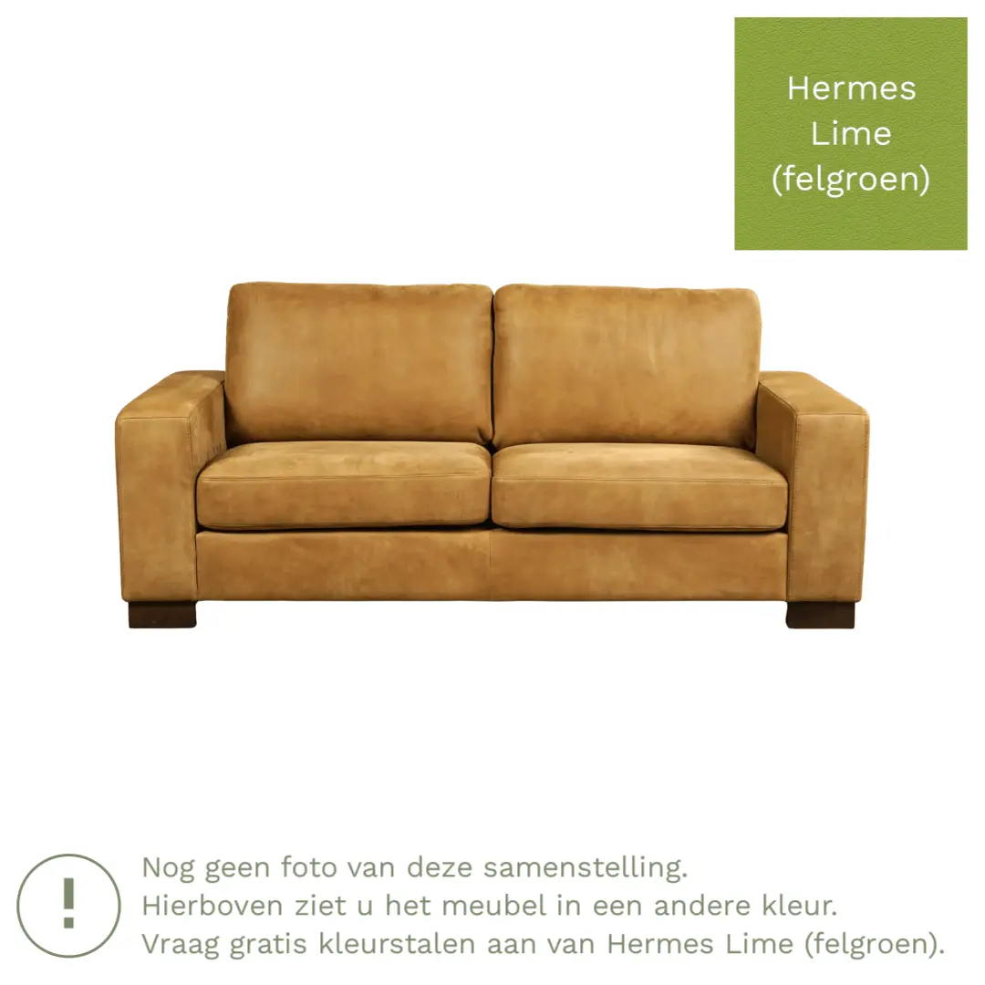 afbeelding van Leren bank Enjoy - 2,5 zits - Hermes Lime (felgroen) - Poten hout zwart
