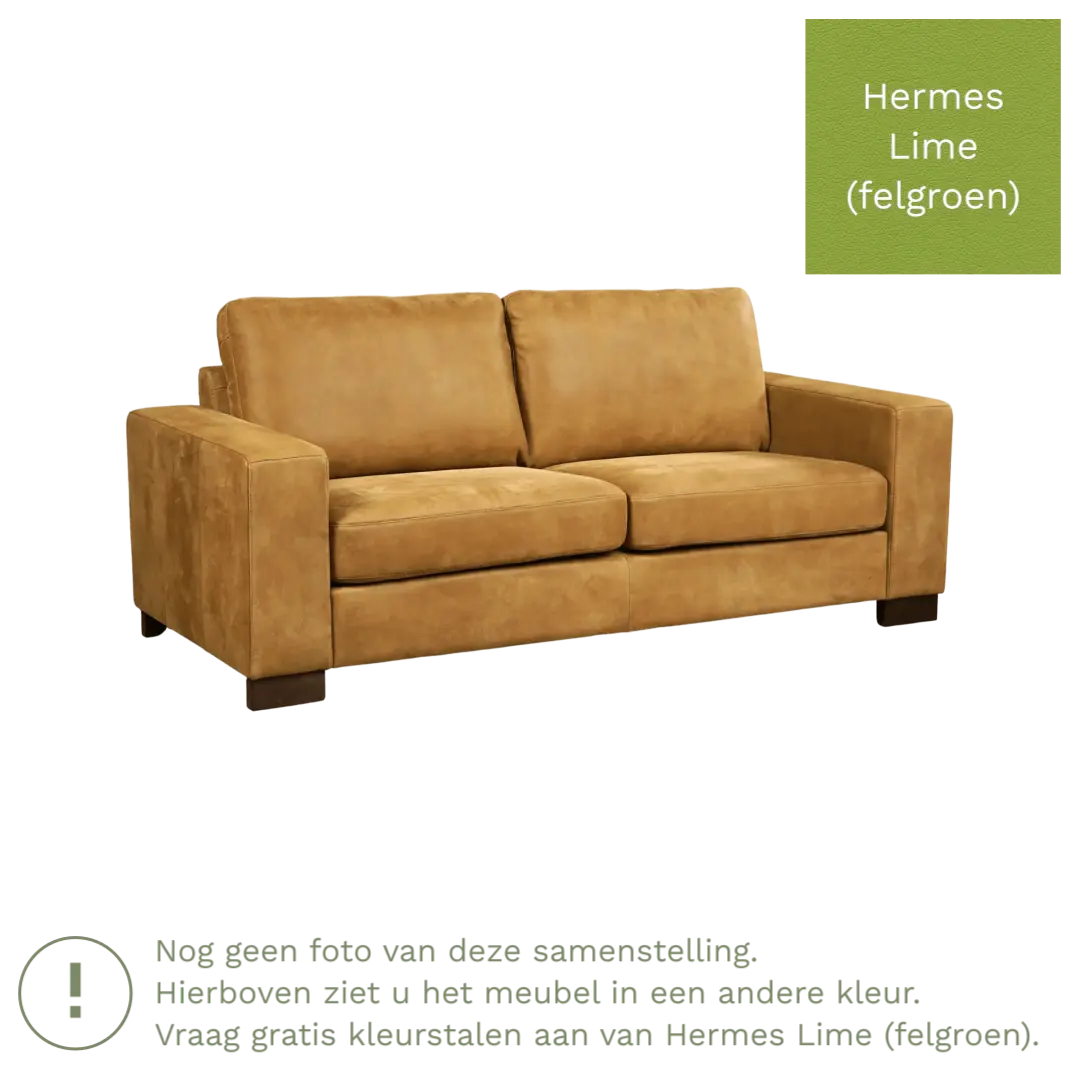 afbeelding van Leren bank Enjoy - 2,5 zits - Hermes Lime (felgroen) - Poten hout zwart