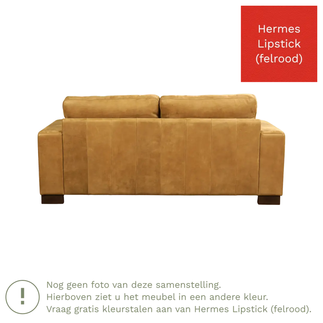 afbeelding van Leren bank Enjoy - 2,5 zits - Hermes Lipstick (felrood) - Poten hout bruin